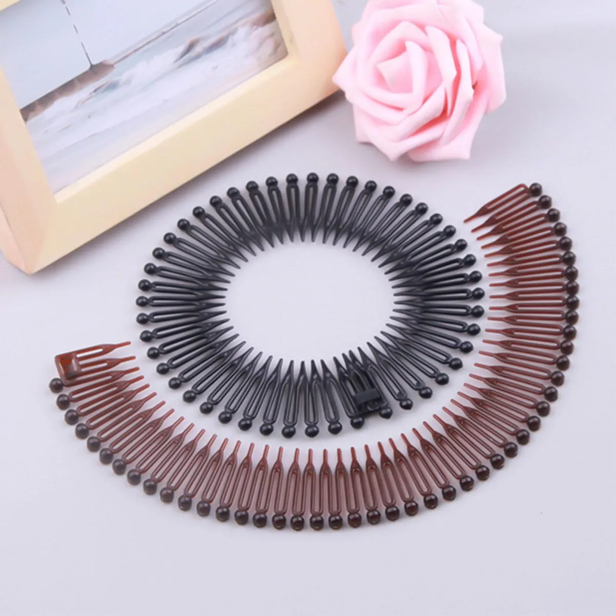 12 Pieces In Classical Style Circle Headbands with Teeth,Full Circular Stretch Comb Headband,Flexible Hair Wrap Holder Hair Comb for Women Girls (Black, One Size)