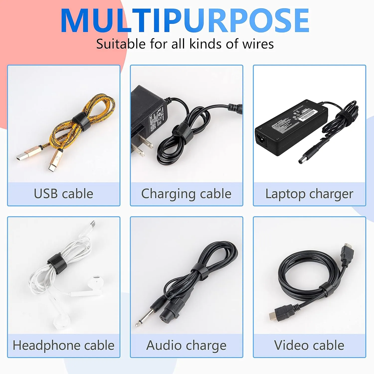 120 PCS Wire Organizers for Cords, 5 6 8 inch Wire Management Ties Reusable Multi Size Cord Wraps Black, Adjustable Cable Ties