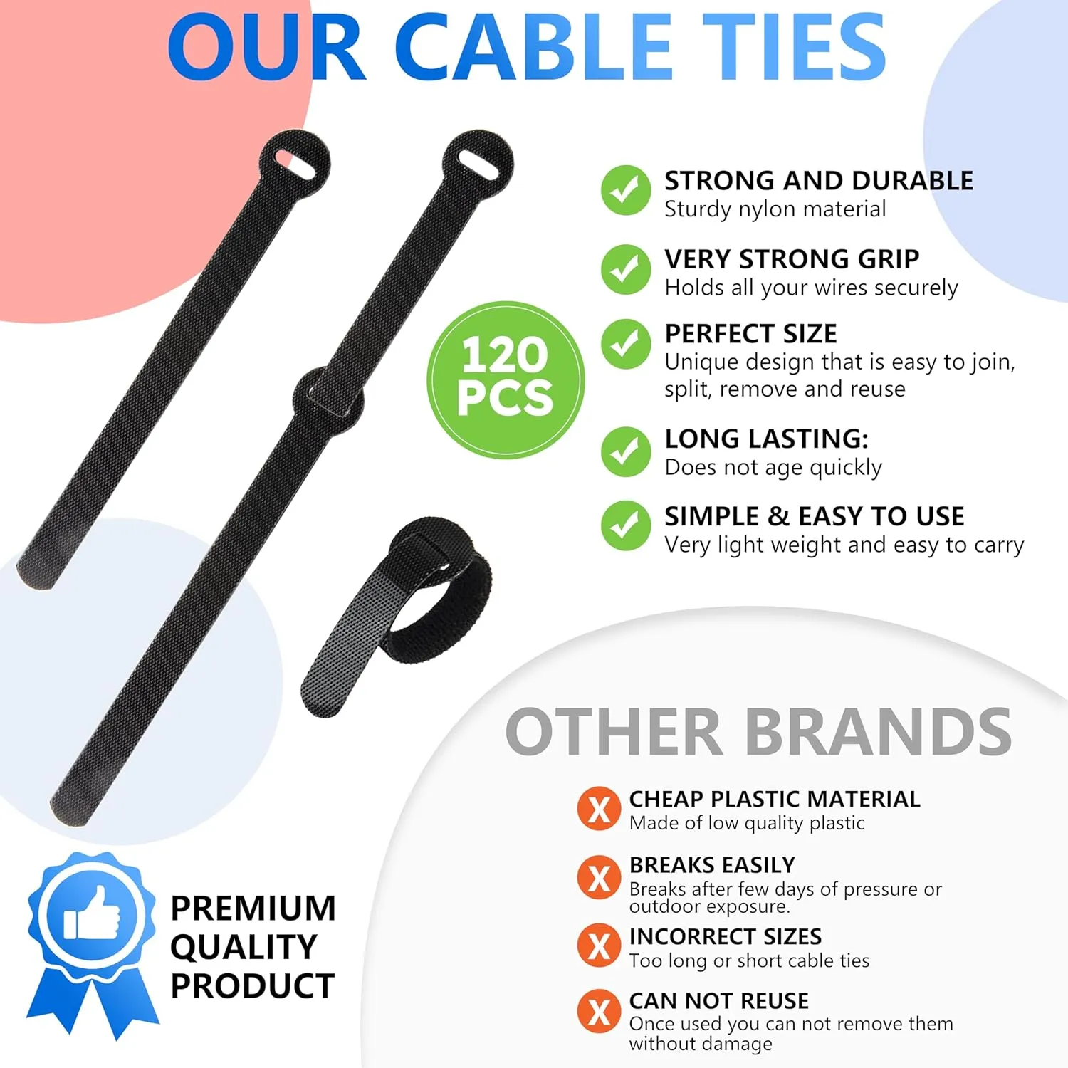 120 PCS Wire Organizers for Cords, 5 6 8 inch Wire Management Ties Reusable Multi Size Cord Wraps Black, Adjustable Cable Ties