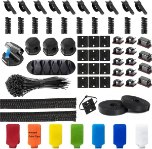 165 Pcs Cable Management Kit with Wire Organizer Sleeve, Magnetic Holder Clips, Roll Straps, PC Cable Tag, Charger Protectors and 100 Black Zip Ties, Cord Hider for Under Desk/Computer/TV/Office