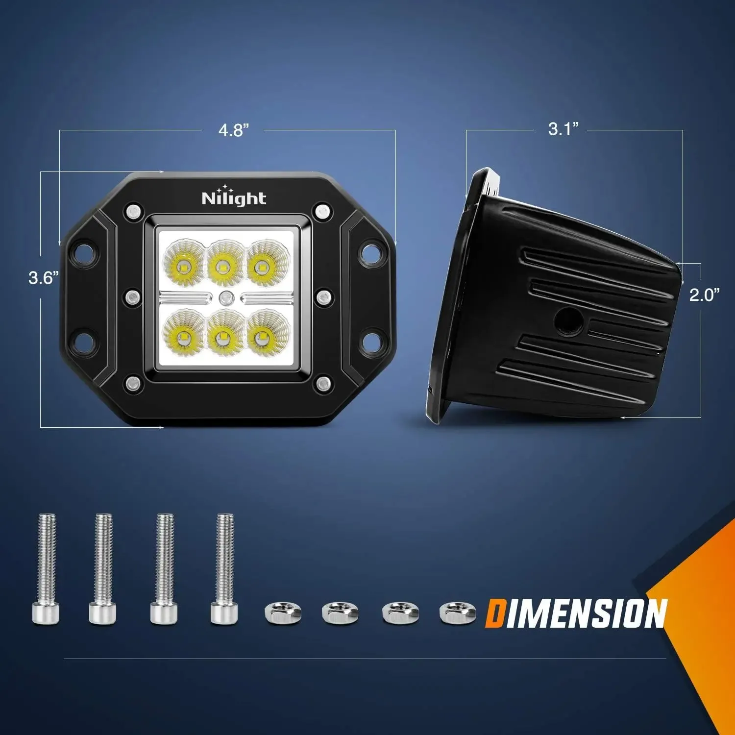 4.8 Inch 18W Flush Mount Flood Led Work Lights (Pair) | 12V 5Pin Rocker Switch Wire