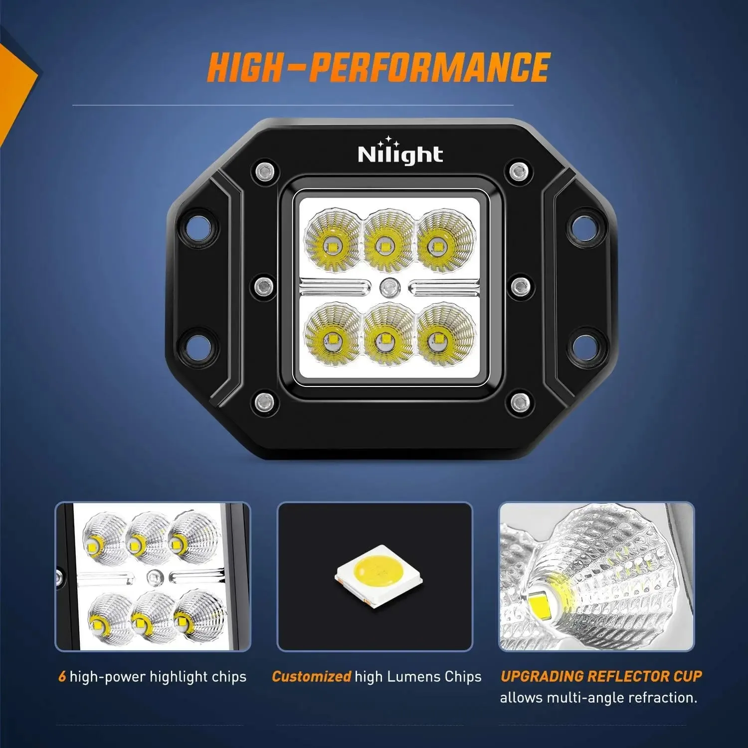 4.8 Inch 18W Flush Mount Flood Led Work Lights (Pair) | 12V 5Pin Rocker Switch Wire