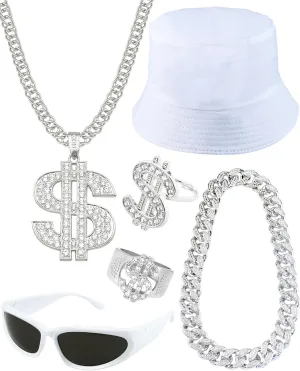 6Pack 90s 80s Hip Hop Costumes Kit for Men 2000s Y2K Sunglasses Rings Hat Rapper Outfit Accessories for Themed Party