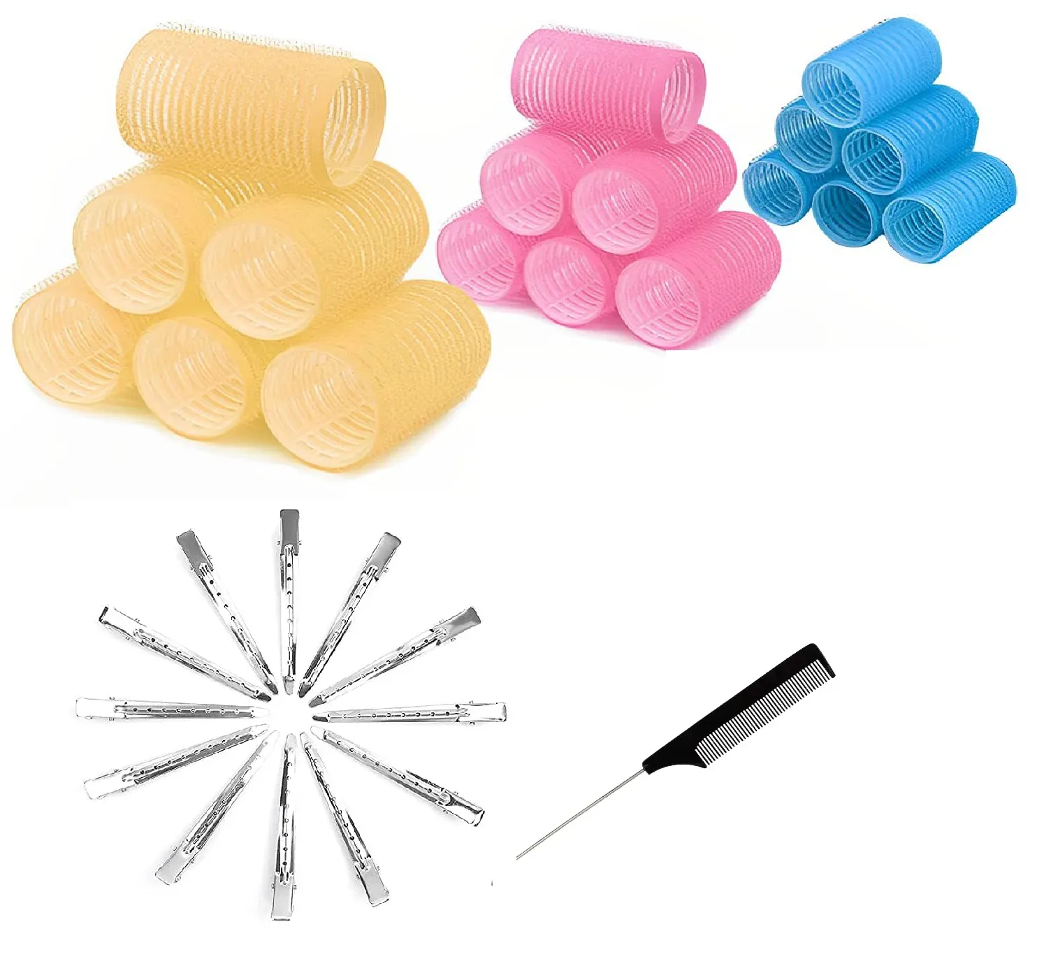 Aara Internationals multicolored Hair Curler Rollers for Women, 6pcs Self Grip Magic Hair Roller Clips Hairdressing Kit for Long Medium Short Hair with 12 Bang Clips & 1 Comb