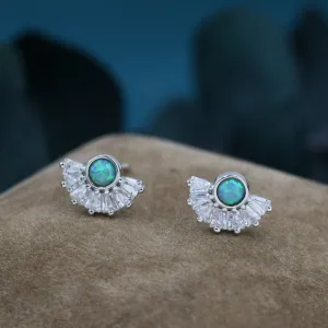 Art Deco Style  Green Opal Fan Stud Earrings in Sterling Silver, Silver or Gold, Crown Opal Earrings, Tiny Fire Opal Earrings