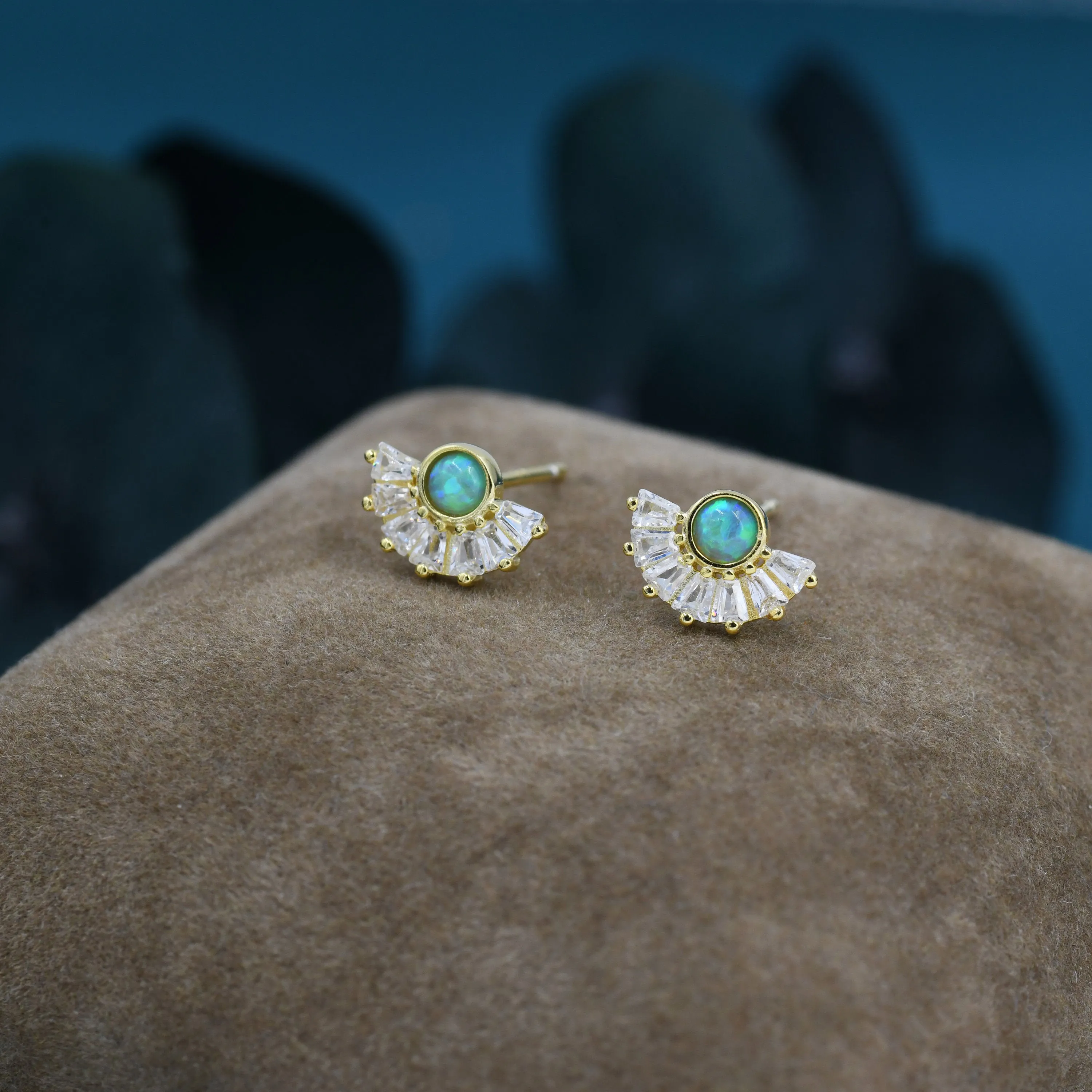 Art Deco Style  Green Opal Fan Stud Earrings in Sterling Silver, Silver or Gold, Crown Opal Earrings, Tiny Fire Opal Earrings