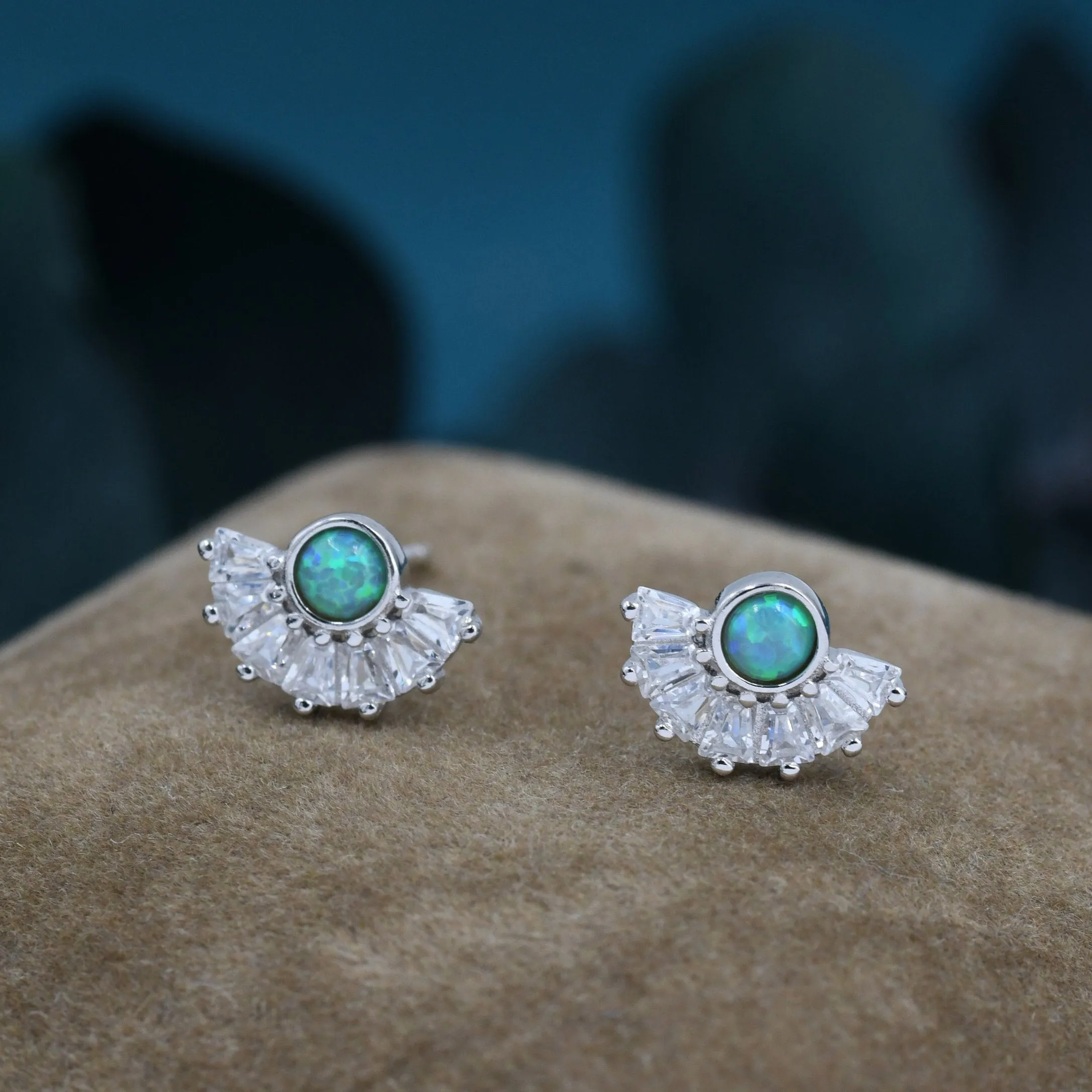 Art Deco Style  Green Opal Fan Stud Earrings in Sterling Silver, Silver or Gold, Crown Opal Earrings, Tiny Fire Opal Earrings