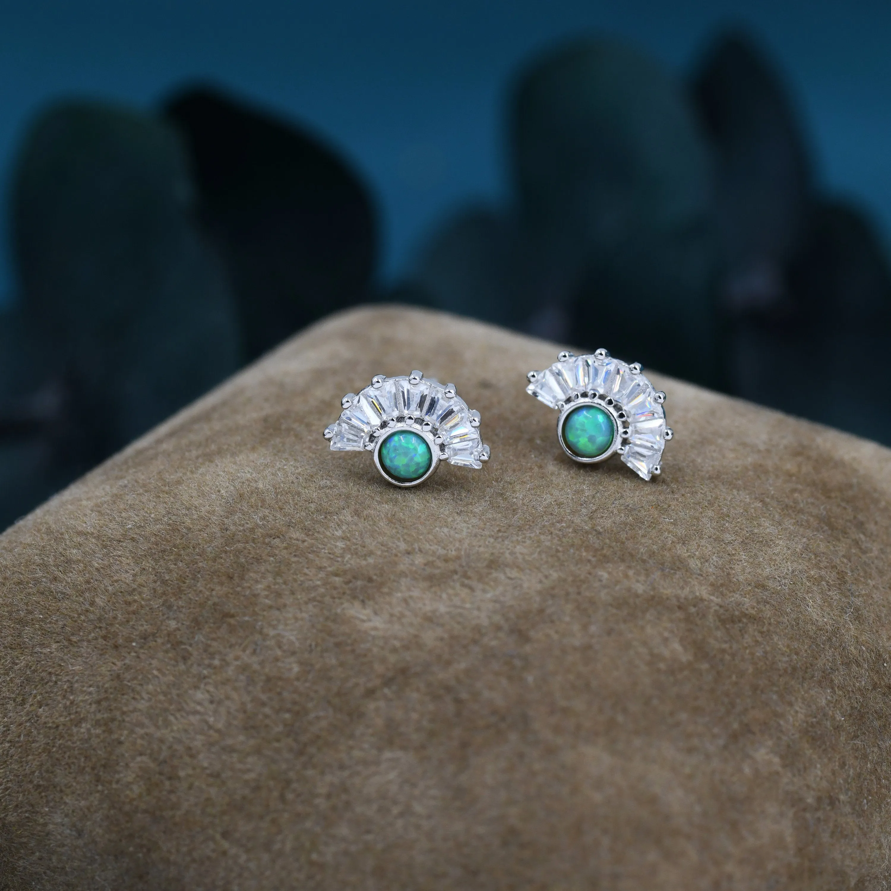 Art Deco Style  Green Opal Fan Stud Earrings in Sterling Silver, Silver or Gold, Crown Opal Earrings, Tiny Fire Opal Earrings