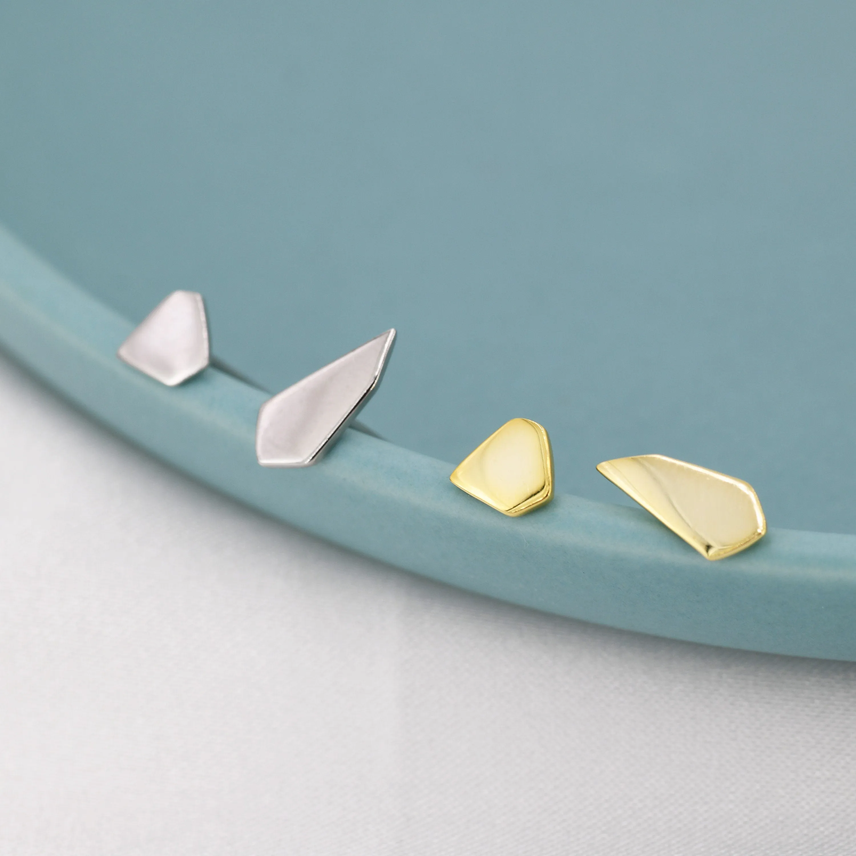 Asymmetric Polygon Stud Earrings in Sterling Silver, Silver or Gold, Mismatched Geometric Minimalist Design