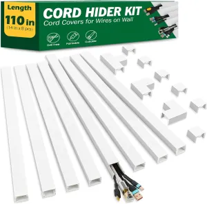 AZEN Cord Hider Kit, 110in Cord Covers for Wires on Wall, Paintable Wire Covers for Cords on Wall, Self-Adhesive Cable Hider Cord Organizer, Wire Hiders for TV on Wall, 8X L14in X W0.96in x H0.57in