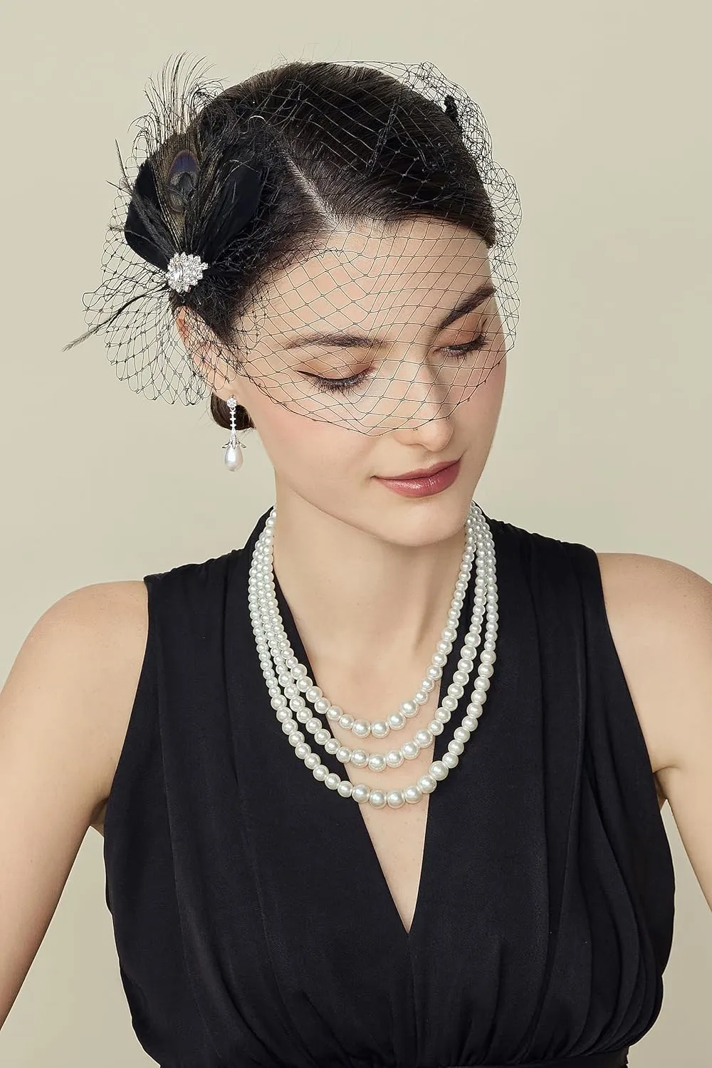 BABEYOND Veil Fascinator Hat for Women Feather Fascinators Hair Clip with Removable Veil Tea Party Hat Bridal Wedding