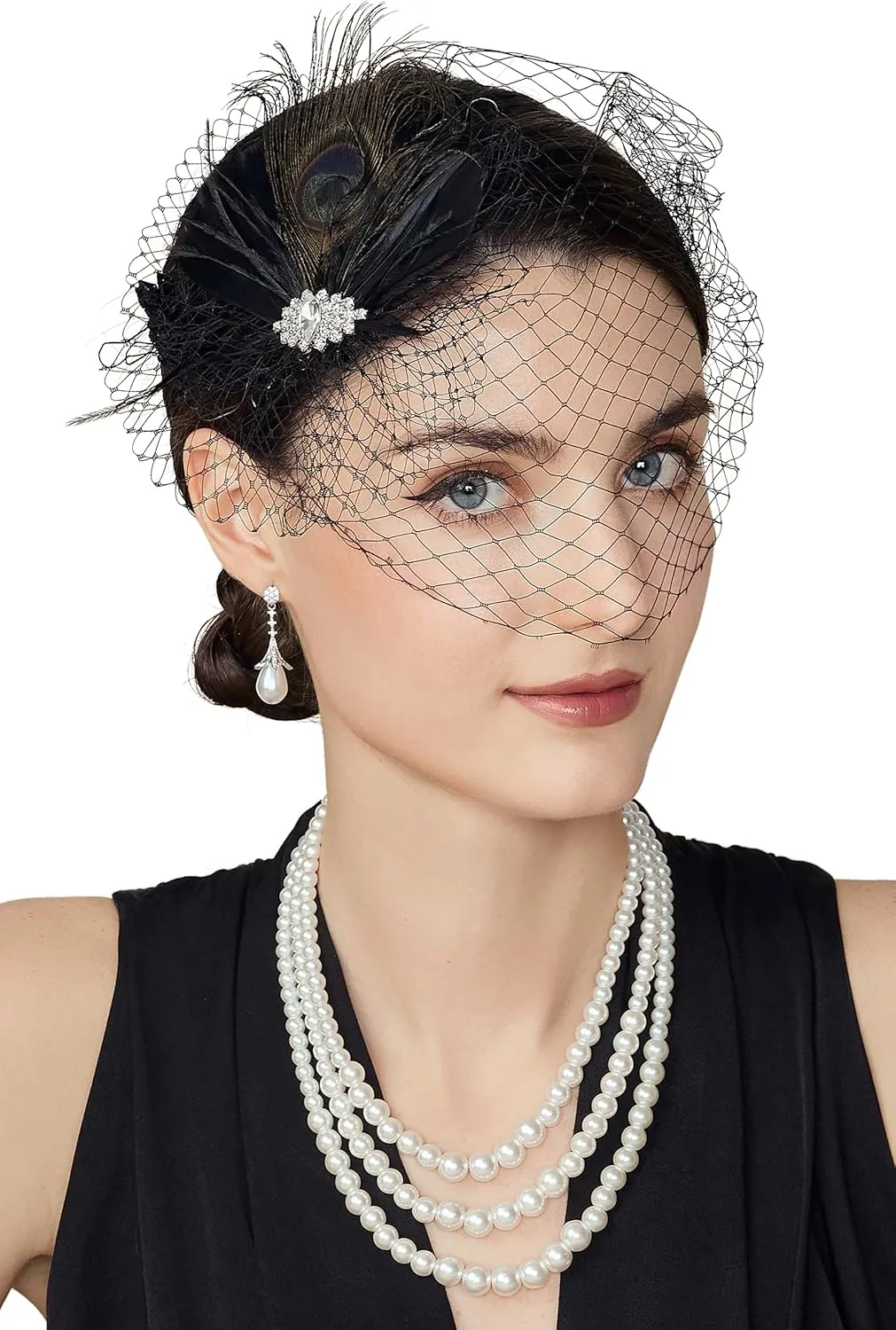 BABEYOND Veil Fascinator Hat for Women Feather Fascinators Hair Clip with Removable Veil Tea Party Hat Bridal Wedding
