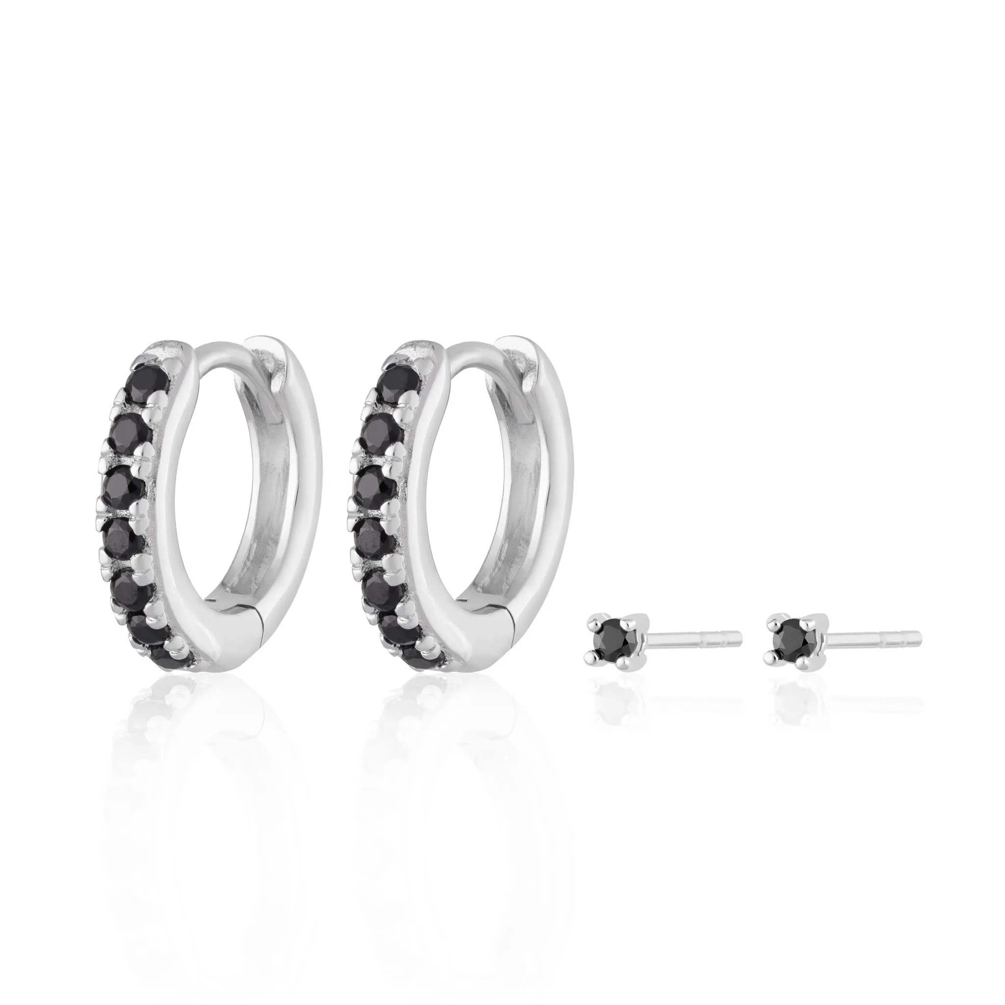 Black Stone Huggie and Tiny Stud Set of Earrings