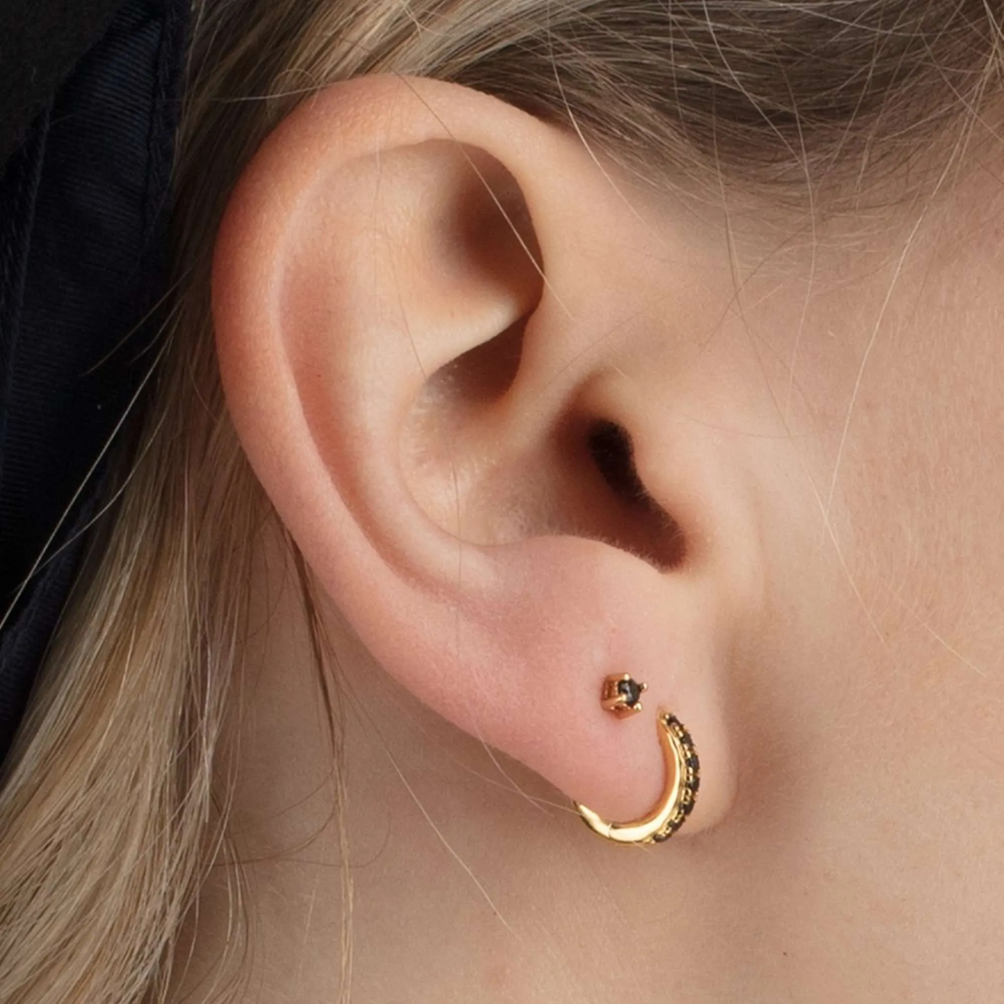 Black Stone Huggie and Tiny Stud Set of Earrings