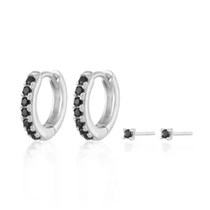 Black Stone Huggie and Tiny Stud Set of Earrings