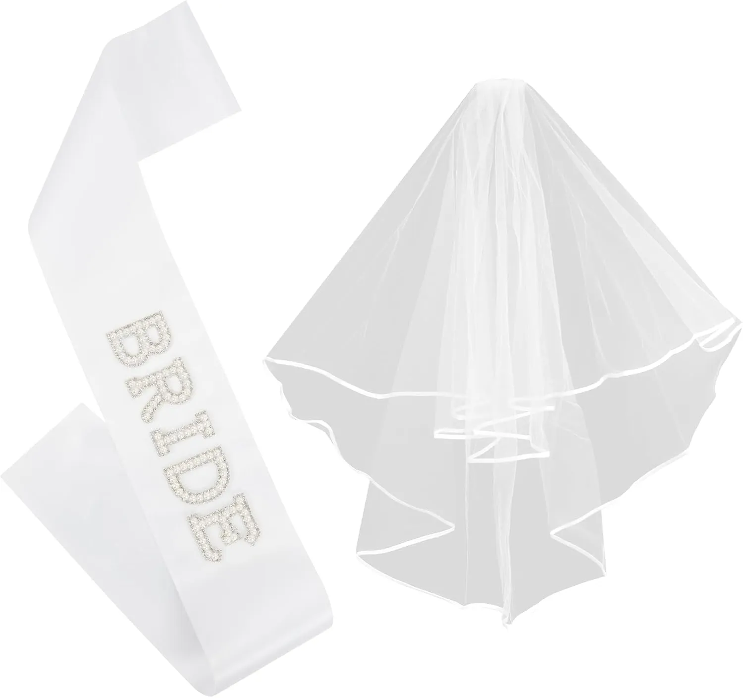 Bride To Be Sash White Wedding Veil, Bride Pearl Satin Sash Veil Set Bachelorette Party Favors Accessories for Bridal Showers Engagement Party Decorations