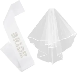 Bride To Be Sash White Wedding Veil, Bride Pearl Satin Sash Veil Set Bachelorette Party Favors Accessories for Bridal Showers Engagement Party Decorations