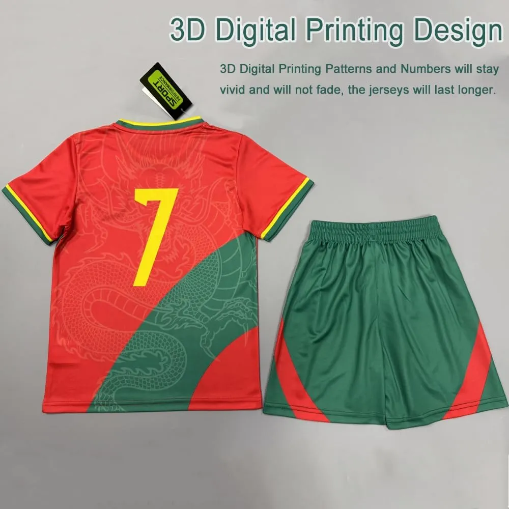 Casmyd Boys Soccer Jersey Kids Pourtugal Jersey Kit Youth Soccer Team Unifom Dragon Sports Fan Shirt Set for Boys&Girls