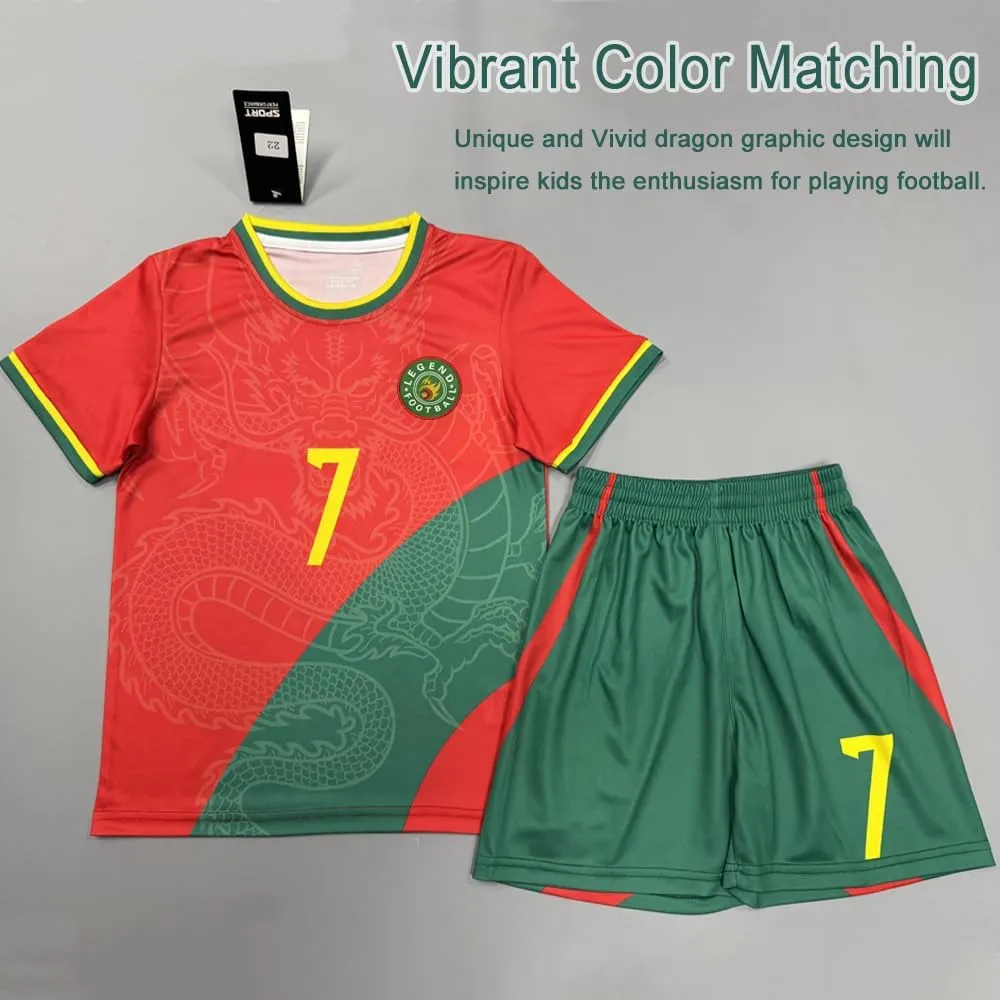 Casmyd Boys Soccer Jersey Kids Pourtugal Jersey Kit Youth Soccer Team Unifom Dragon Sports Fan Shirt Set for Boys&Girls