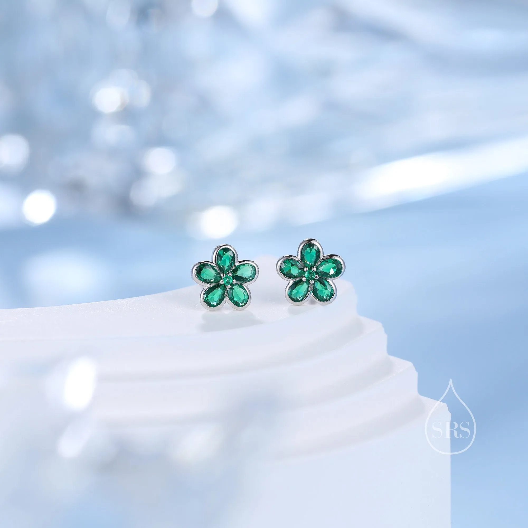 Emerald Green Flower CZ Stud Earrings in Sterling Silver, Forget Me Not Floral CZ Earrings, Silver or Gold, Flower CZ Earrings