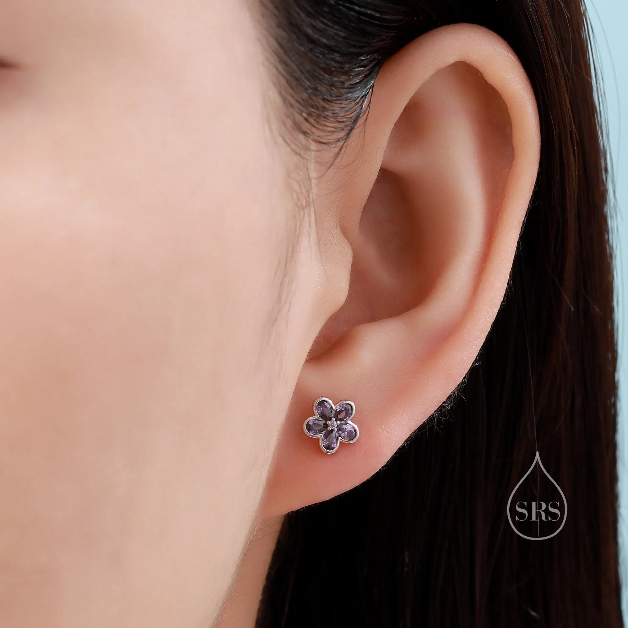 Emerald Green Flower CZ Stud Earrings in Sterling Silver, Forget Me Not Floral CZ Earrings, Silver or Gold, Flower CZ Earrings