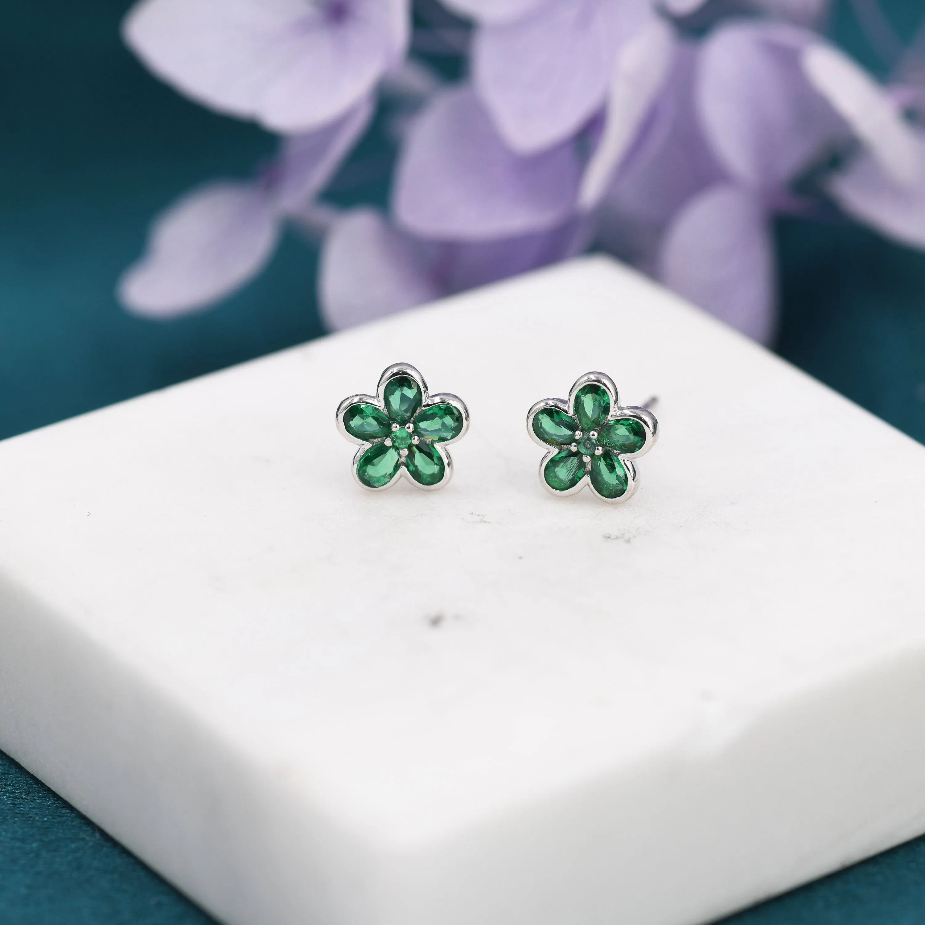 Emerald Green Flower CZ Stud Earrings in Sterling Silver, Forget Me Not Floral CZ Earrings, Silver or Gold, Flower CZ Earrings