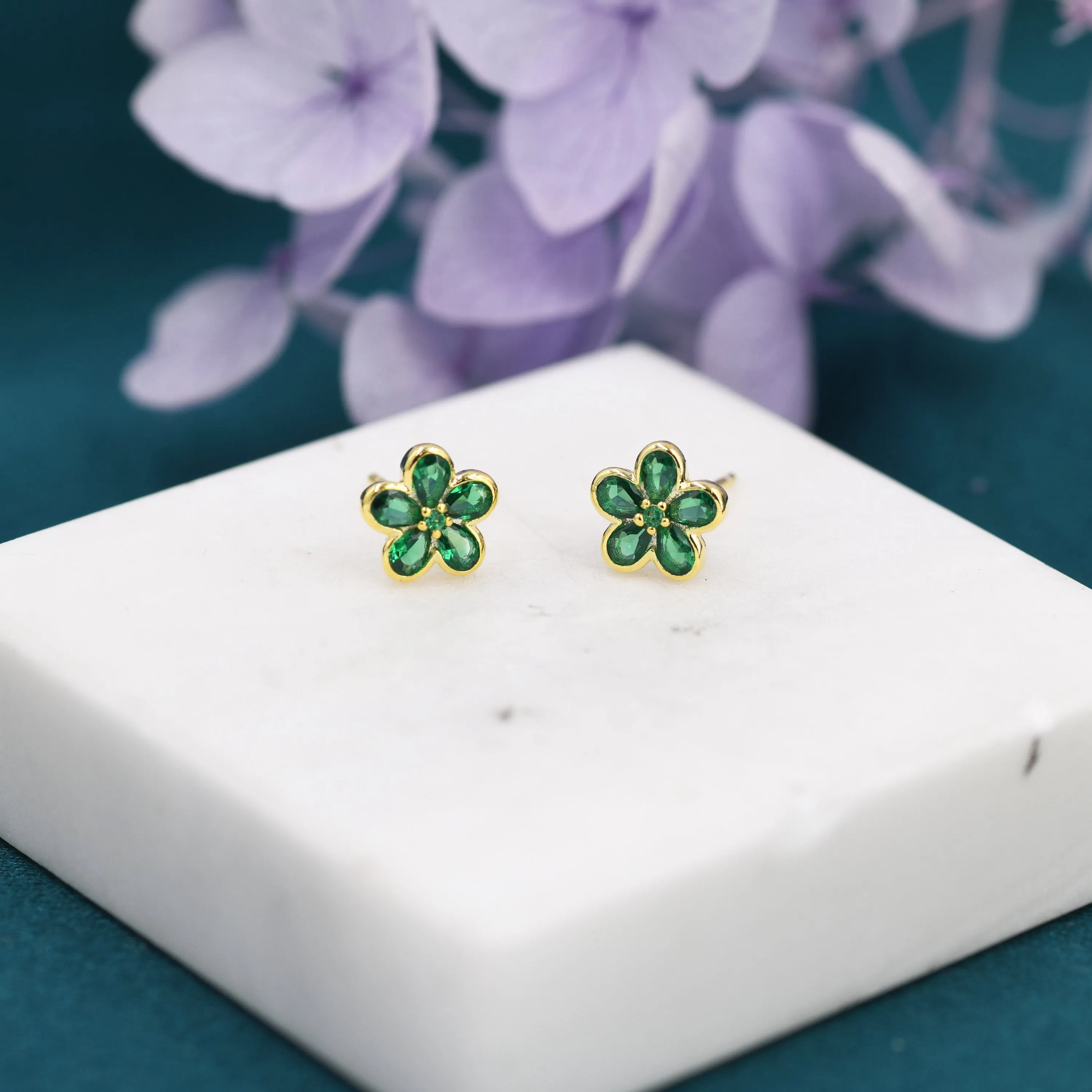 Emerald Green Flower CZ Stud Earrings in Sterling Silver, Forget Me Not Floral CZ Earrings, Silver or Gold, Flower CZ Earrings