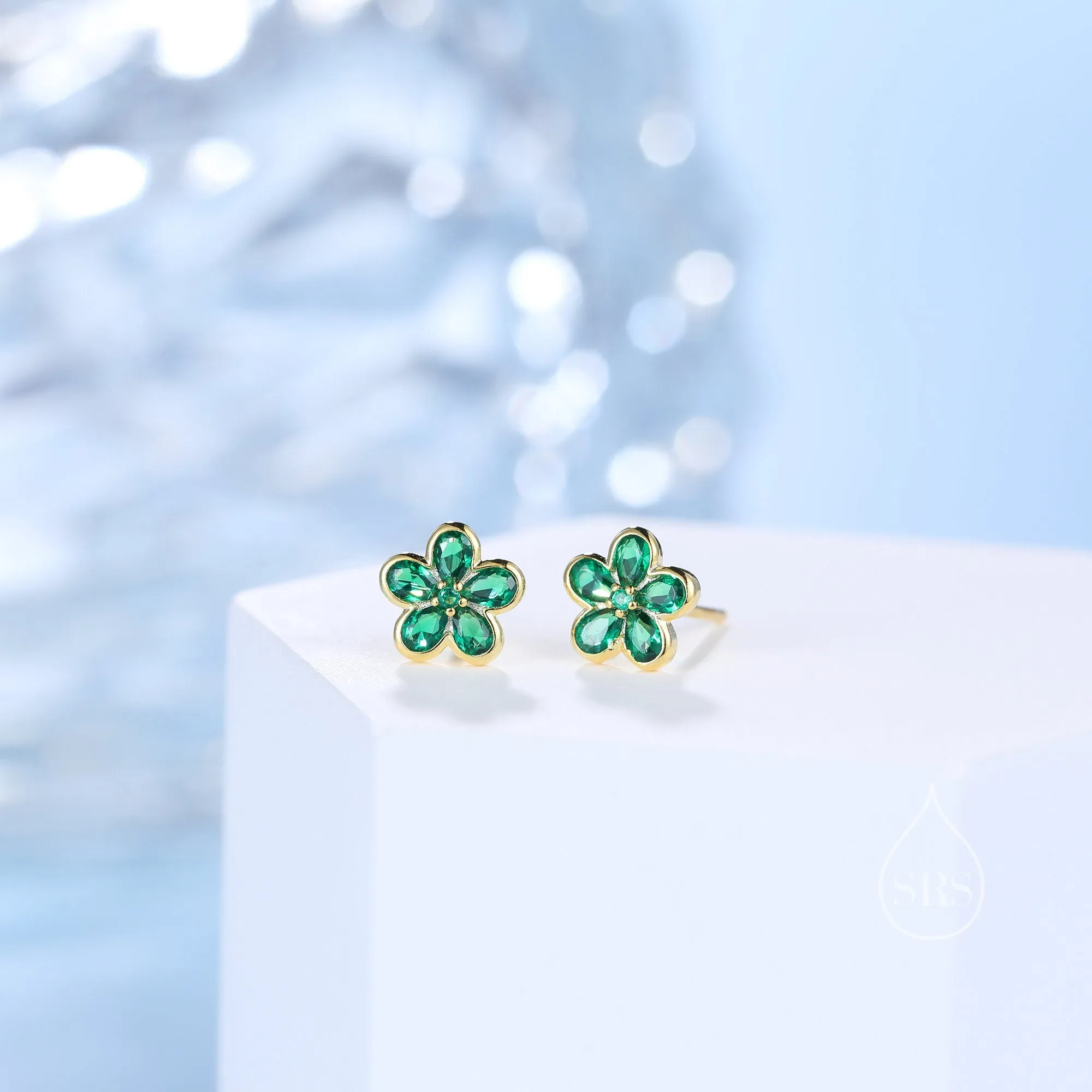 Emerald Green Flower CZ Stud Earrings in Sterling Silver, Forget Me Not Floral CZ Earrings, Silver or Gold, Flower CZ Earrings