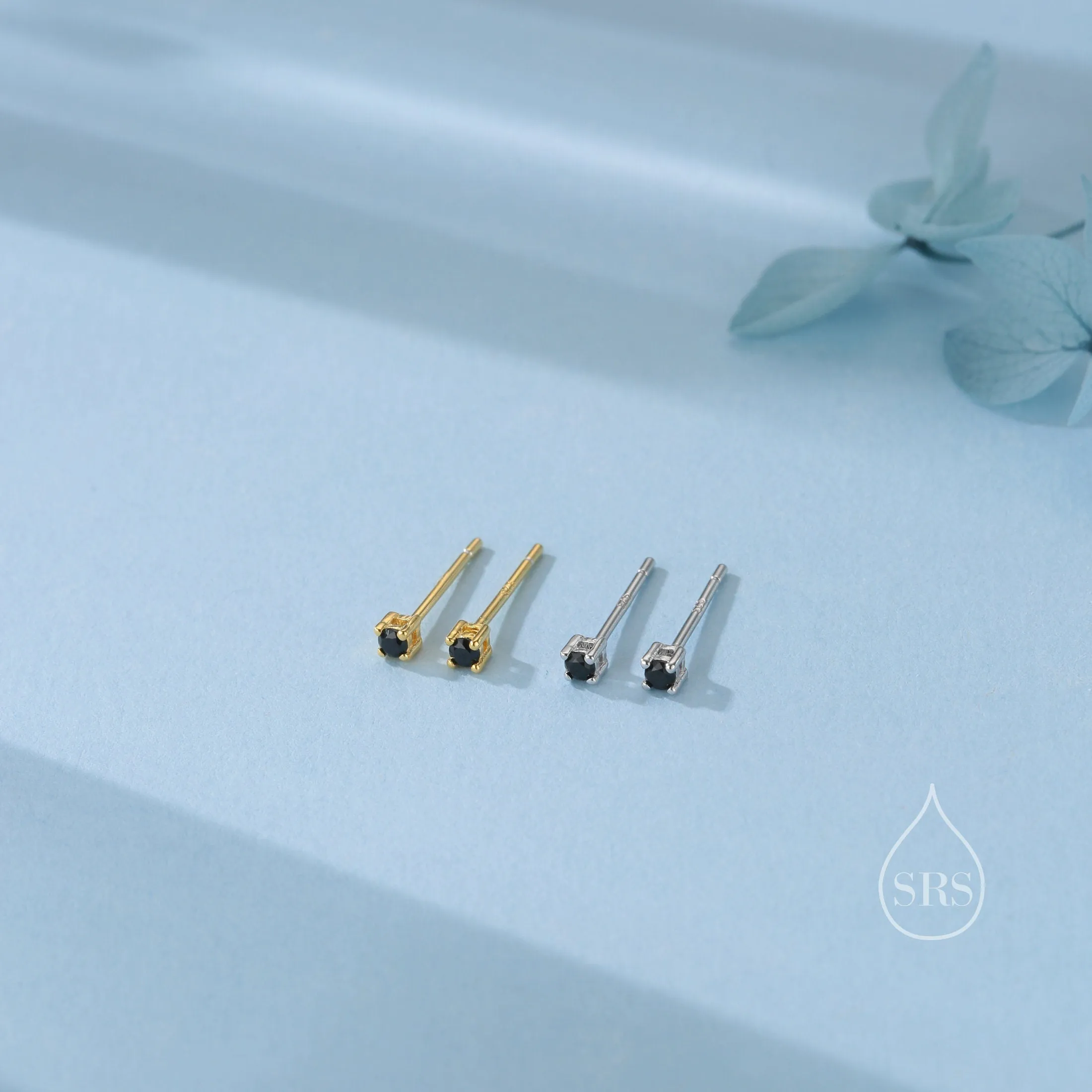Extra Tiny 2mm Black CZ Stud Earrings in Sterling Silver, Silver or Gold, Barely Visible Stud Earrings, 2mm Black Earrings