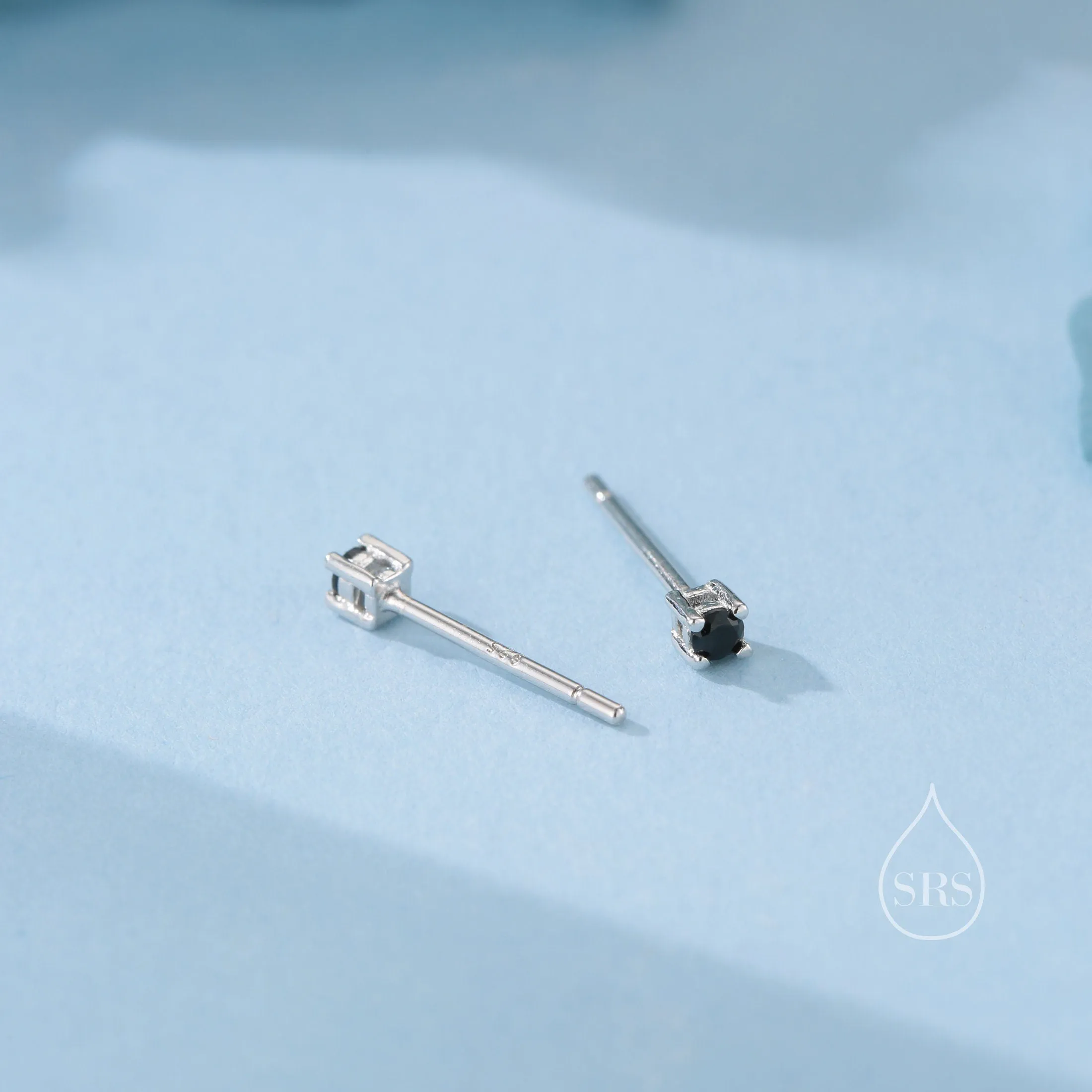 Extra Tiny 2mm Black CZ Stud Earrings in Sterling Silver, Silver or Gold, Barely Visible Stud Earrings, 2mm Black Earrings