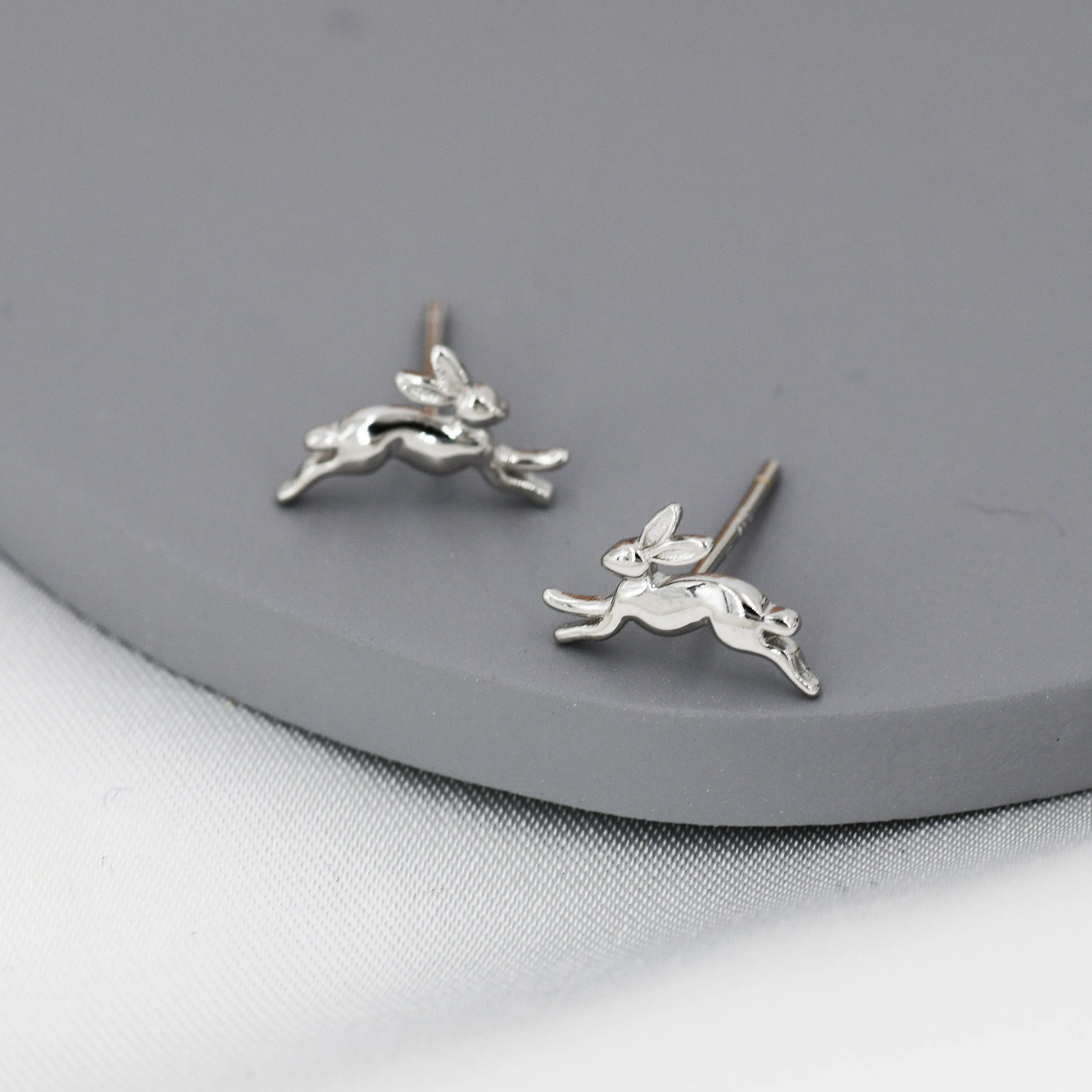 Extra Tiny Leaping Hare Stud Earrings in Sterling Silver, Tiny Hare rabbit Earrings, Nature Inspired Animal Earrings