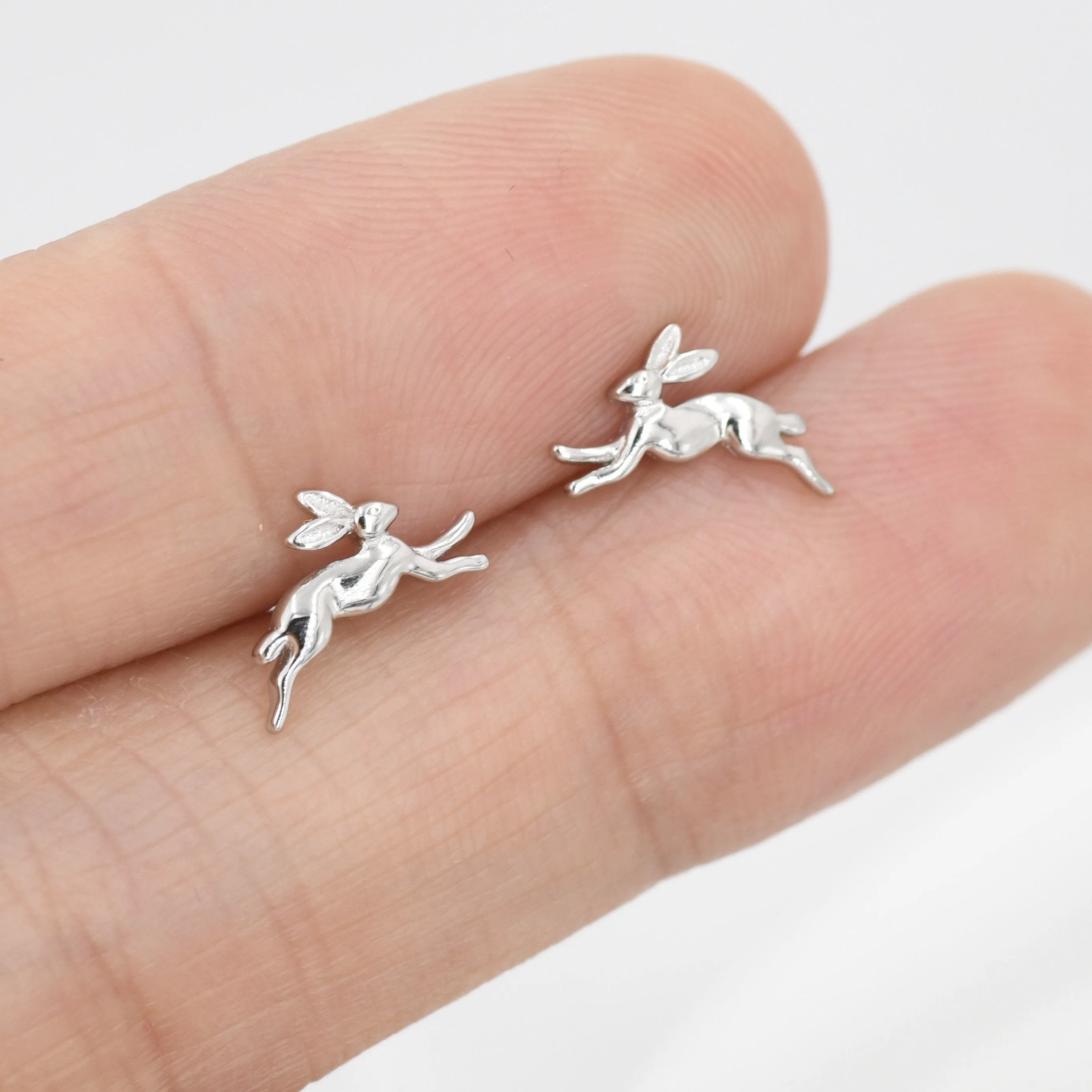 Extra Tiny Leaping Hare Stud Earrings in Sterling Silver, Tiny Hare rabbit Earrings, Nature Inspired Animal Earrings