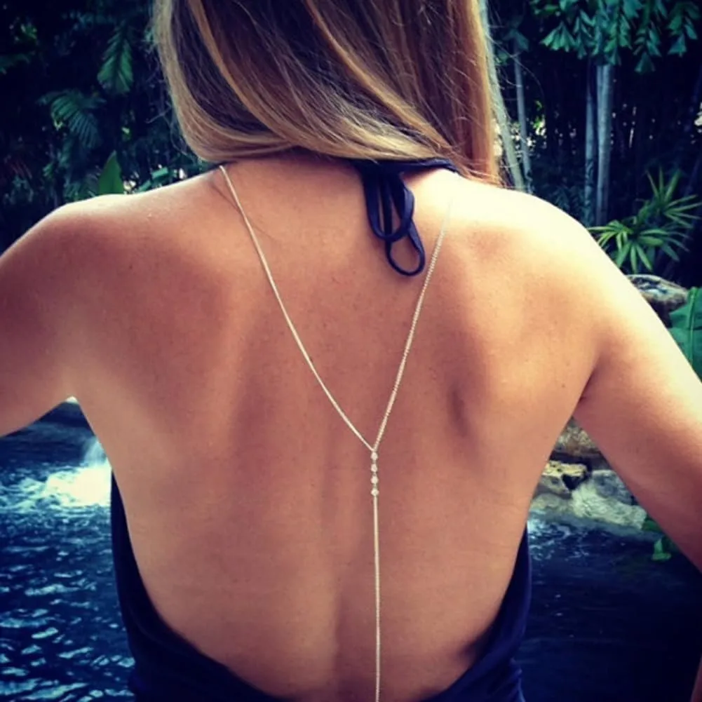 Eyraevor Rhinestone Back Chain Necklace Bridal Wedding Backdrop Body Jewelry for Women Summer Body Chain Necklace Shoulder Back Chain