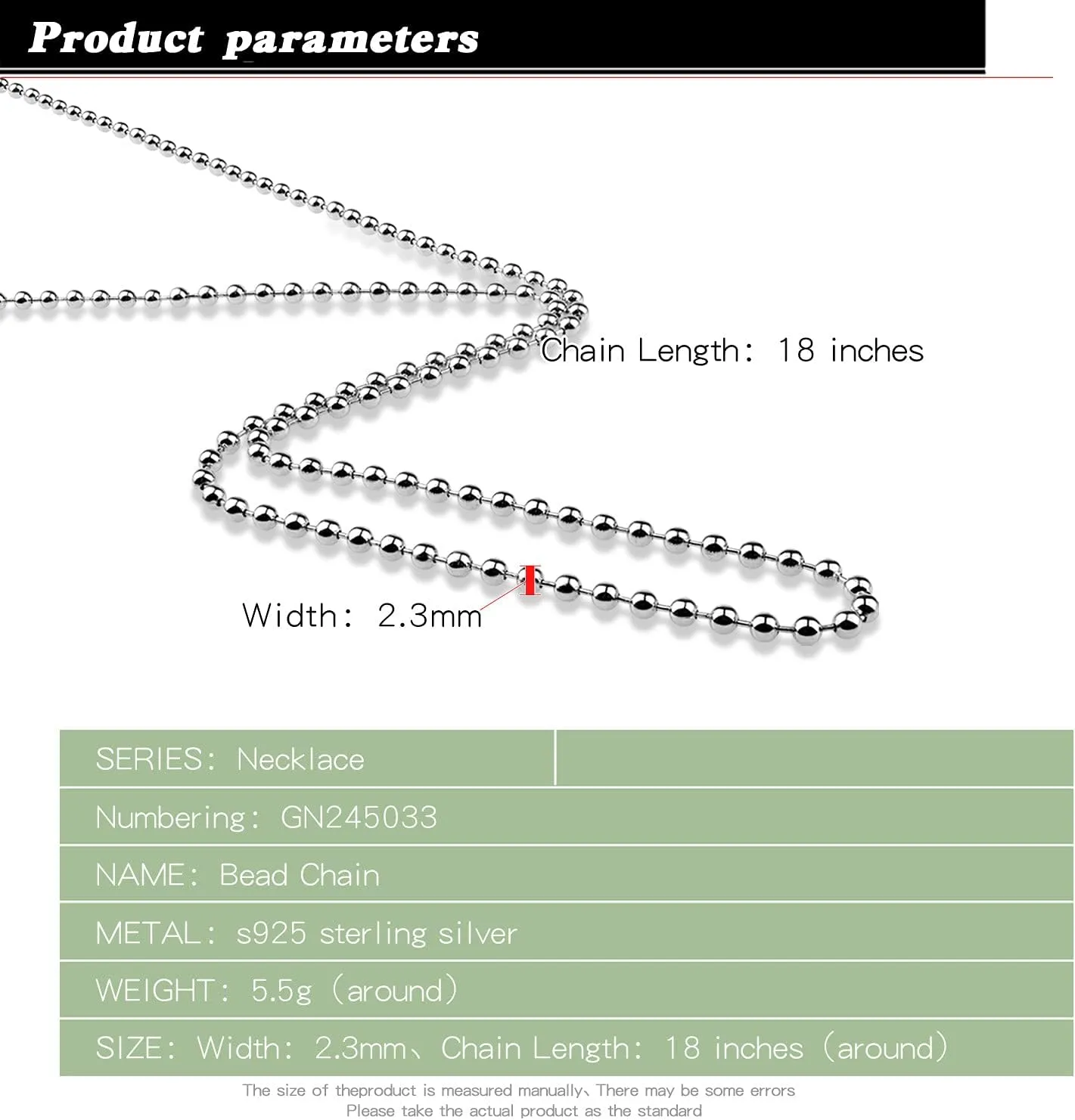 Fashion 100% 925 Sterling Silver Necklace Men & Women 2.3MM 18 "20" 22 "24" 26 "28" Solid Silver Bead Chain Pendant Link Jewelry Gift