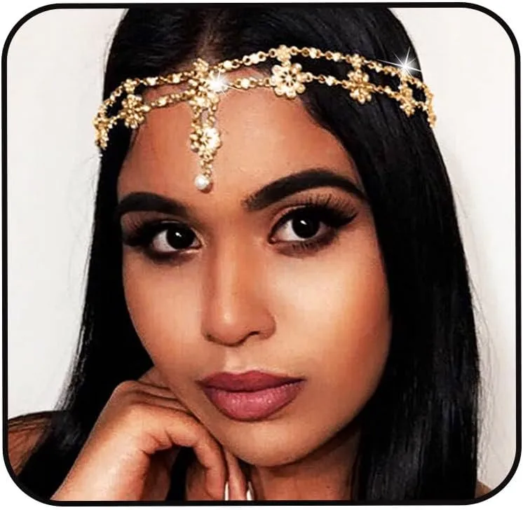 Flower Head Chain Gold Head Jewelry Crystal Headpieces Layered Elastic Forehead Chain Wedding Prom Headbands for Women