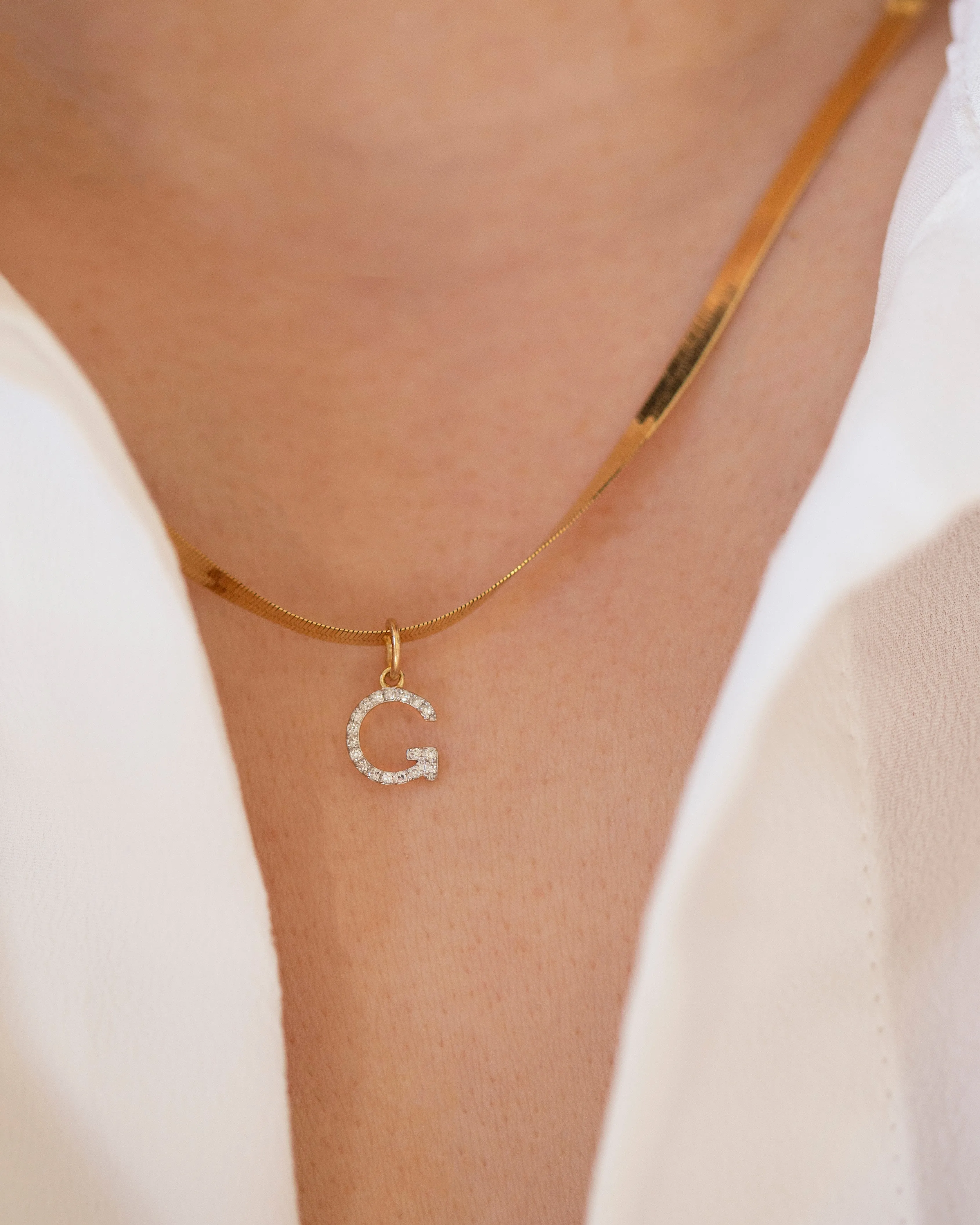 Genuine Diamond Initial on 14k Herringbone Chain Necklace