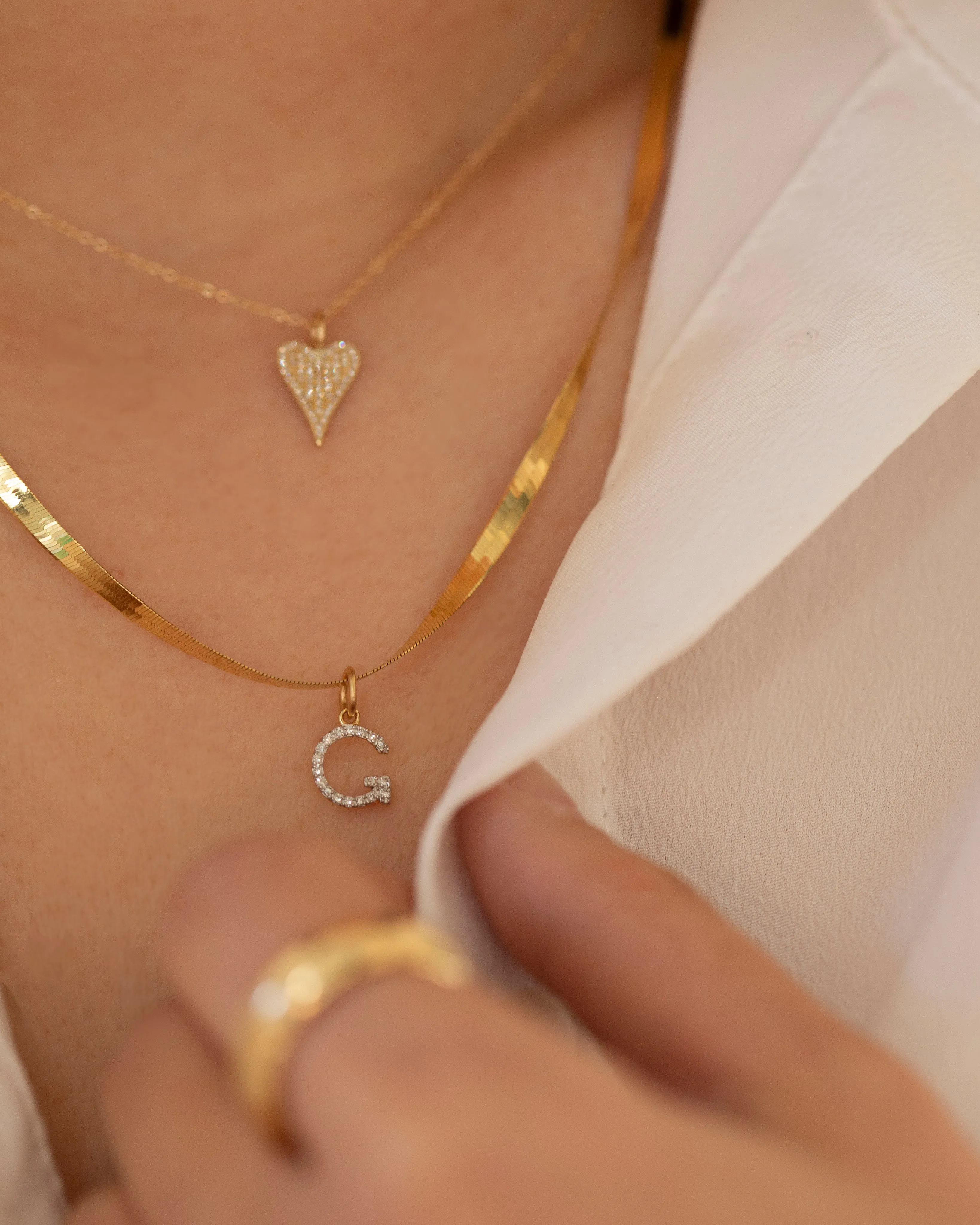 Genuine Diamond Initial on 14k Herringbone Chain Necklace