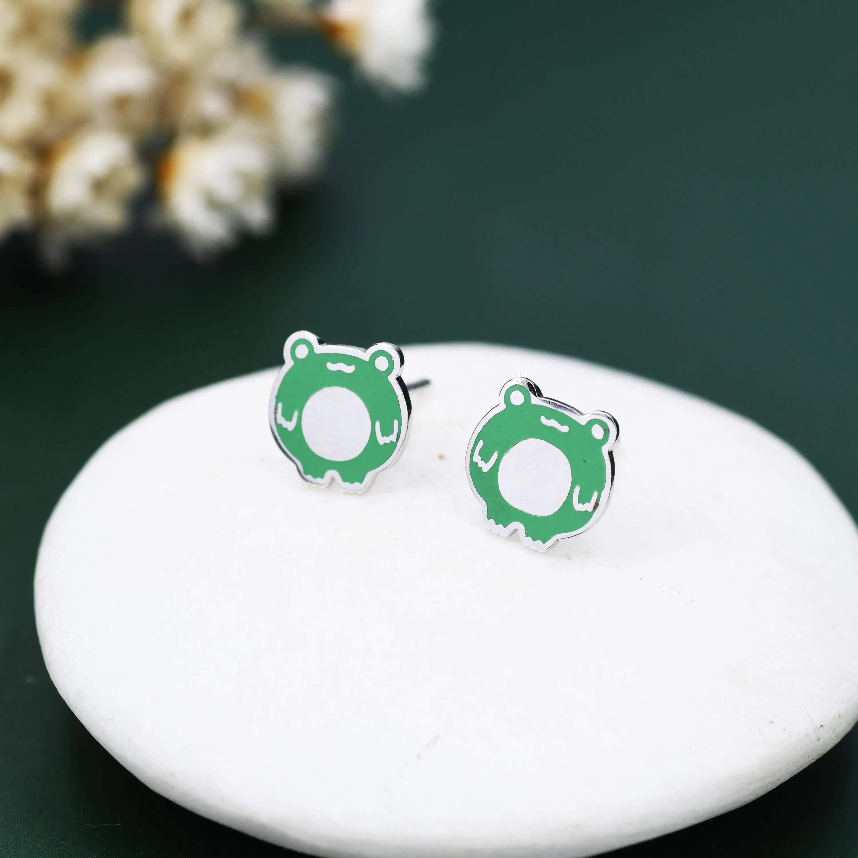 Hand Painted Enamel Frog Stud Earrings in Sterling Silver, Kawaii Frog Earrings,  Green Frog Earrings, Nature Inspired