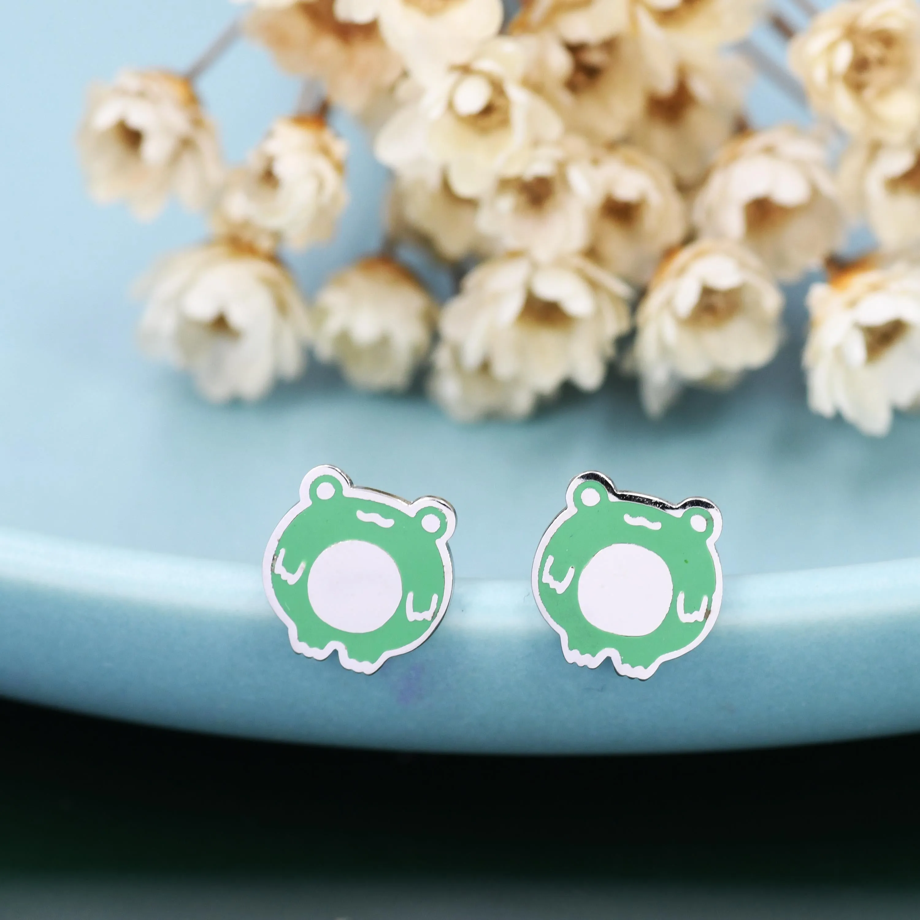 Hand Painted Enamel Frog Stud Earrings in Sterling Silver, Kawaii Frog Earrings,  Green Frog Earrings, Nature Inspired