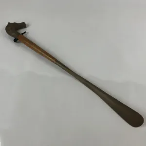 Japanese Metal Horse Head Shoehorn Vtg Wood Handle Uma Kutsubera Brown JK671