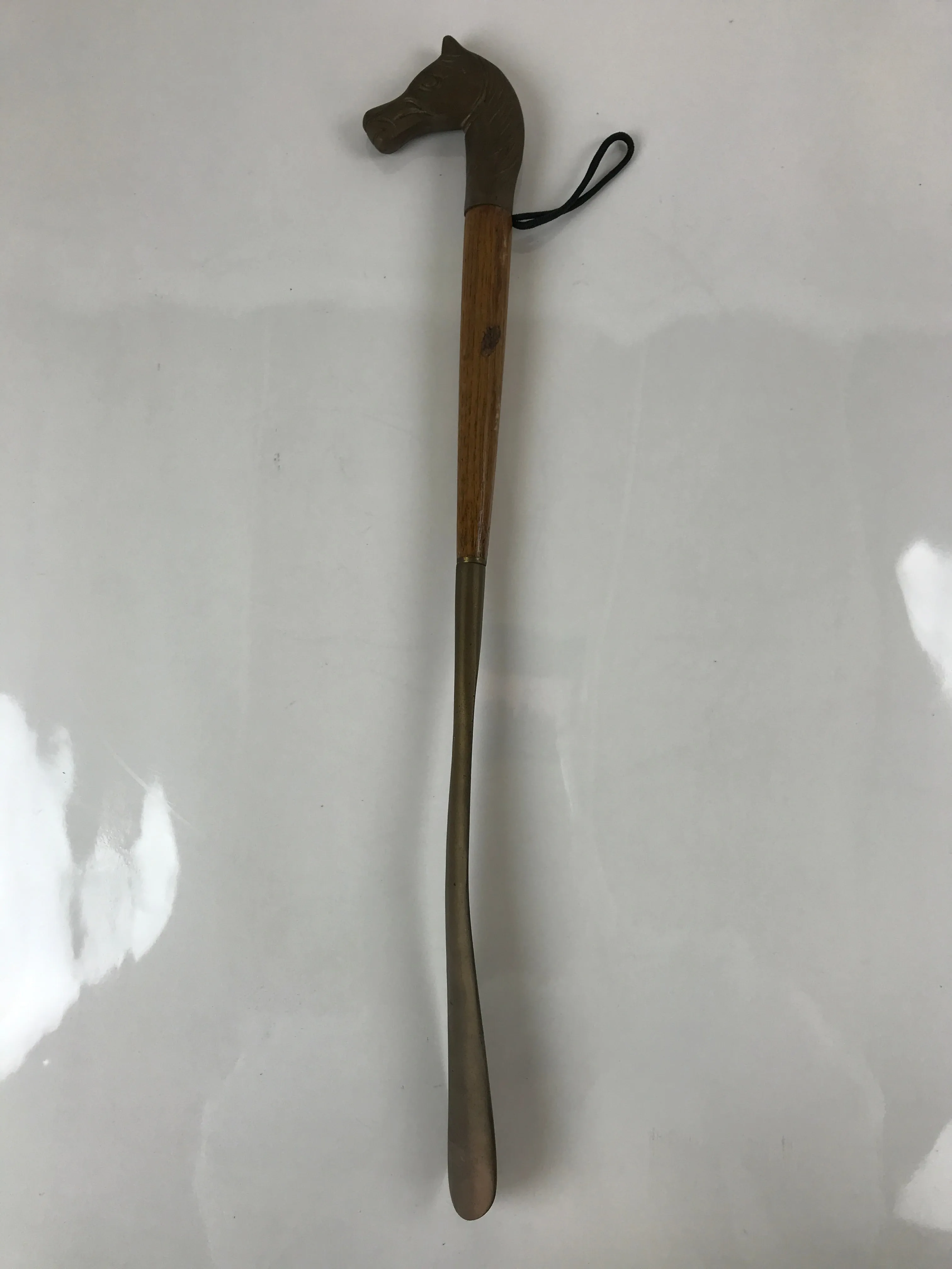 Japanese Metal Horse Head Shoehorn Vtg Wood Handle Uma Kutsubera Brown JK671