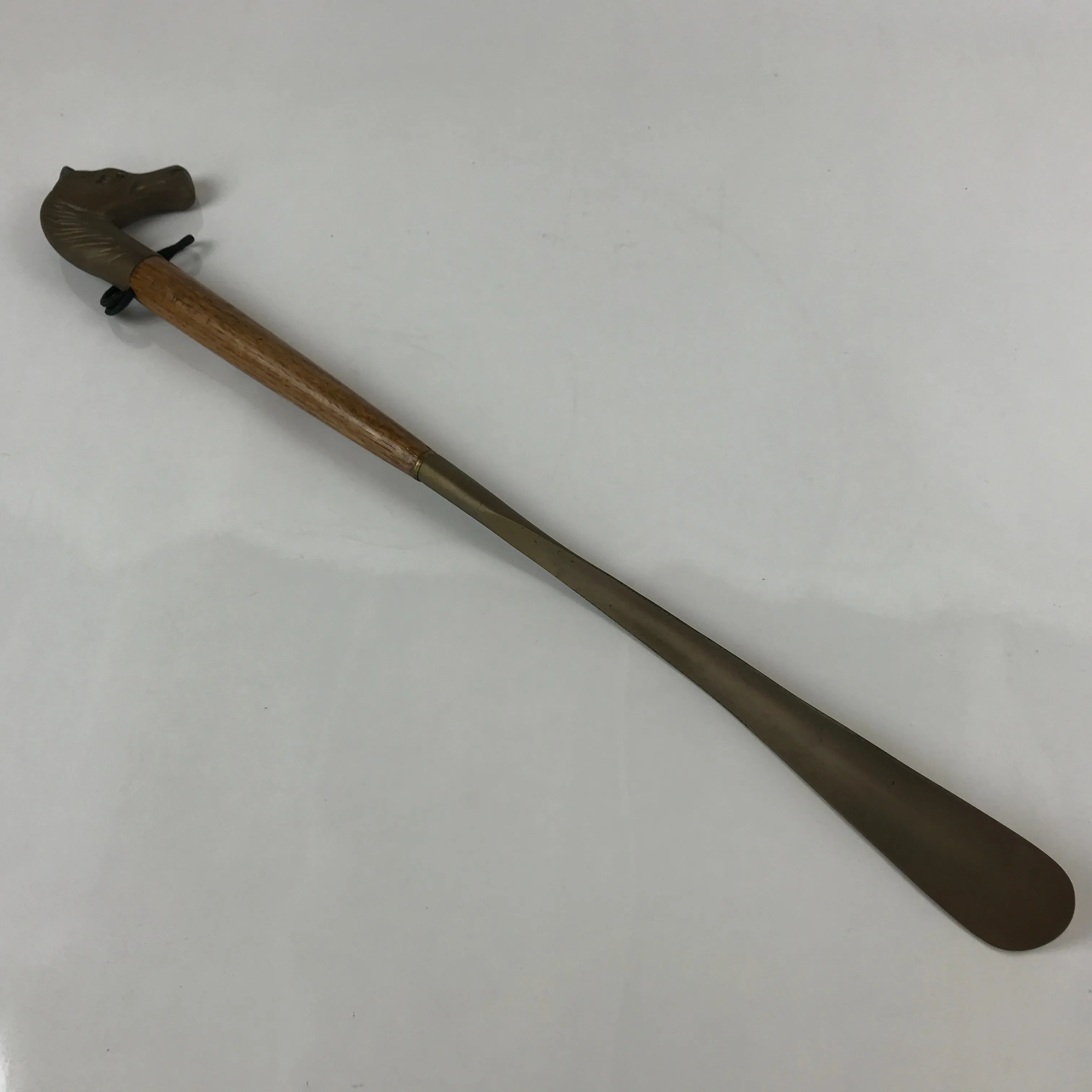 Japanese Metal Horse Head Shoehorn Vtg Wood Handle Uma Kutsubera Brown JK671