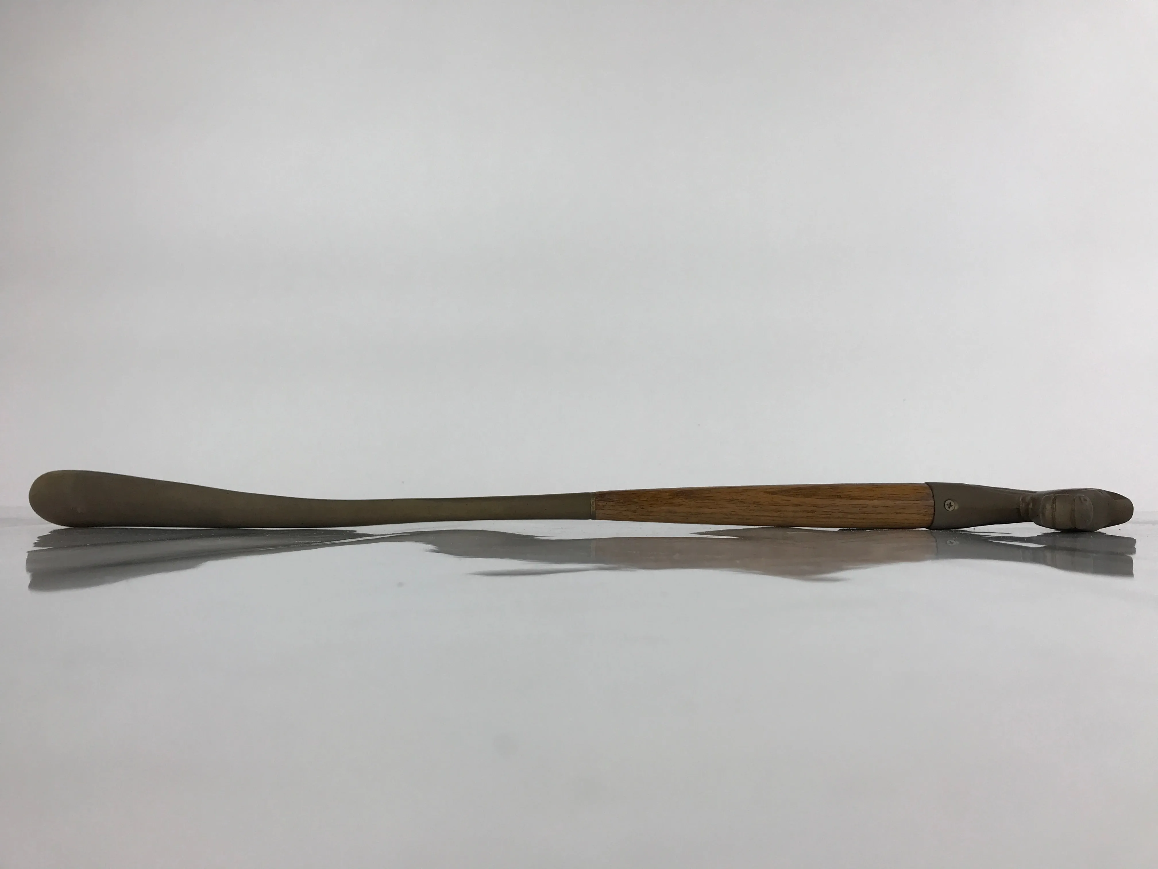 Japanese Metal Horse Head Shoehorn Vtg Wood Handle Uma Kutsubera Brown JK671