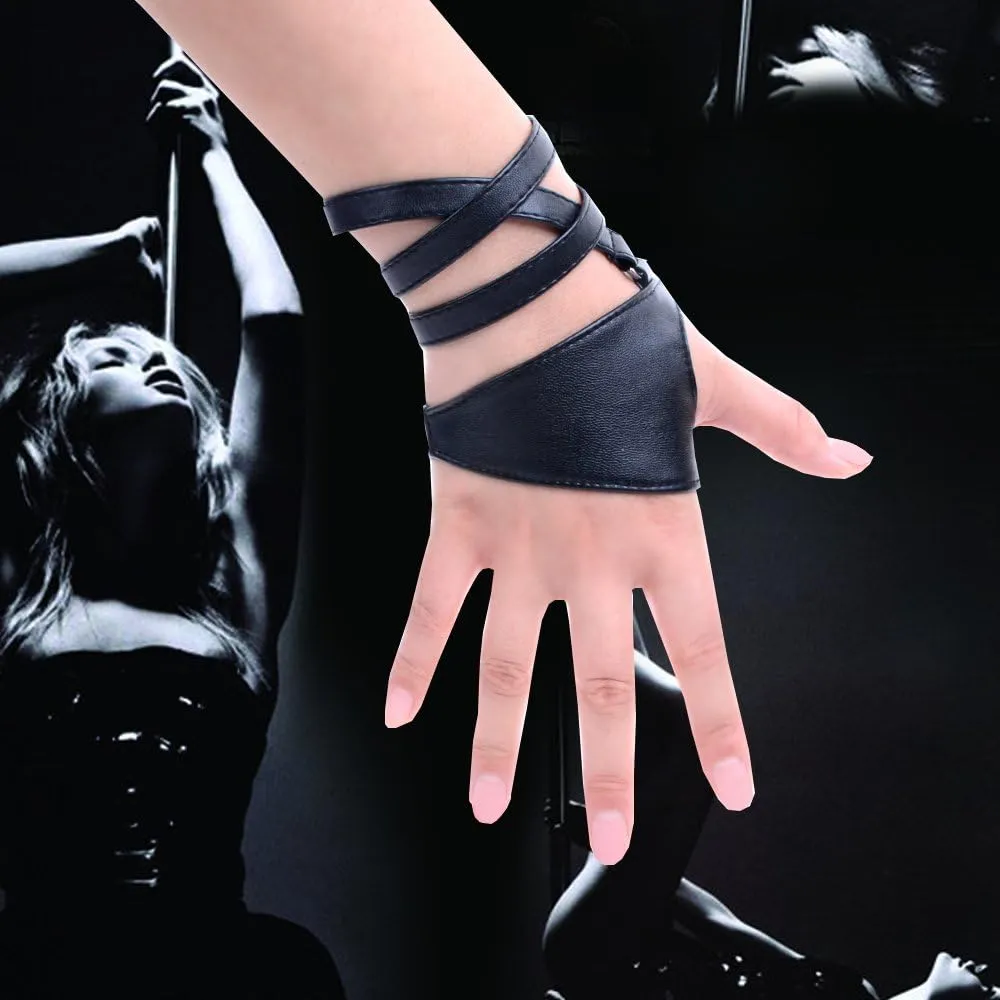 JISEN Women Half Palm Fingerless PU Leather Night Bar Band Up Punk Gloves