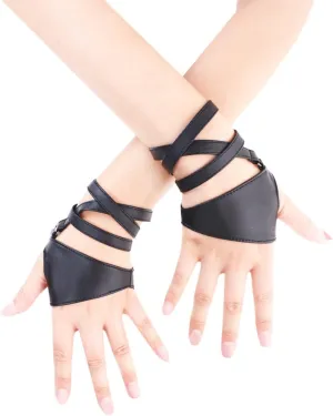 JISEN Women Half Palm Fingerless PU Leather Night Bar Band Up Punk Gloves