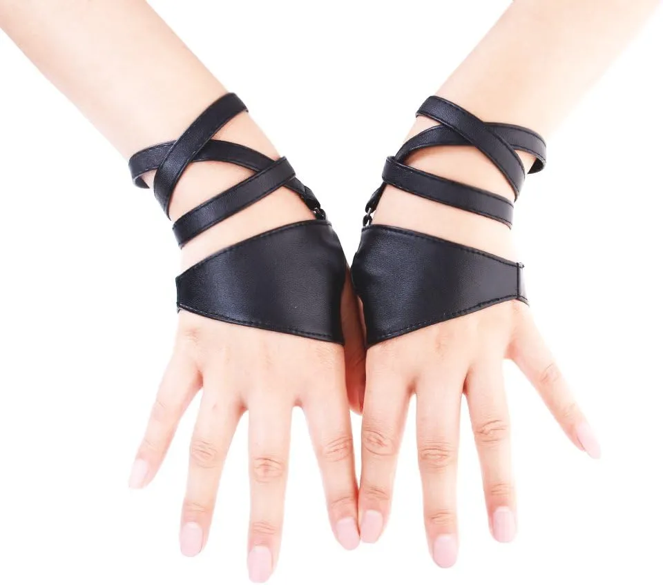 JISEN Women Half Palm Fingerless PU Leather Night Bar Band Up Punk Gloves