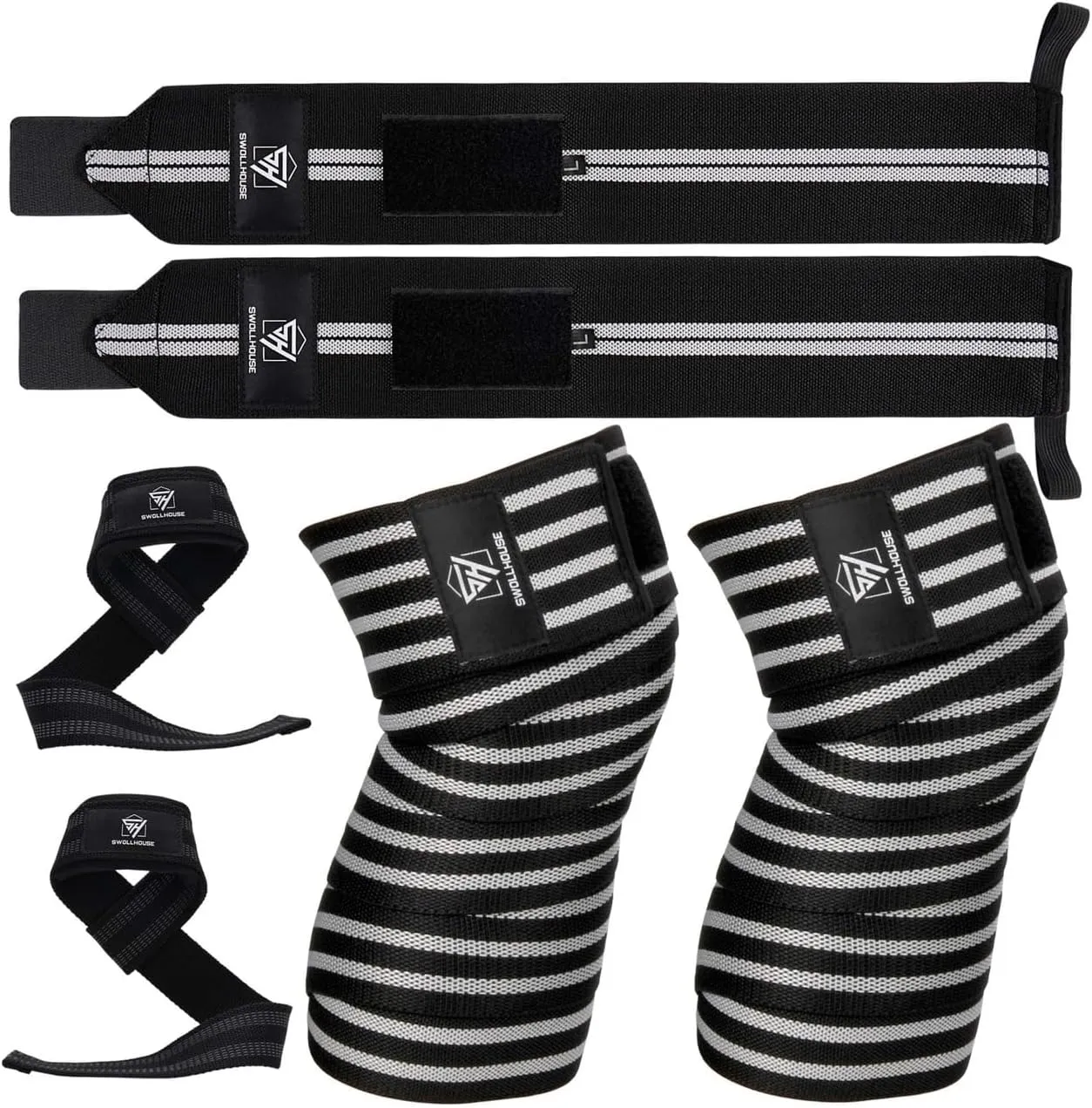 Knee Wraps   Wrist Wraps   Weight Lifting Straps Bundle (3 Pairs) for Weightlifting Bodybuilding Strength Training Workout Gym, Fitness Protective Set for Men & Women