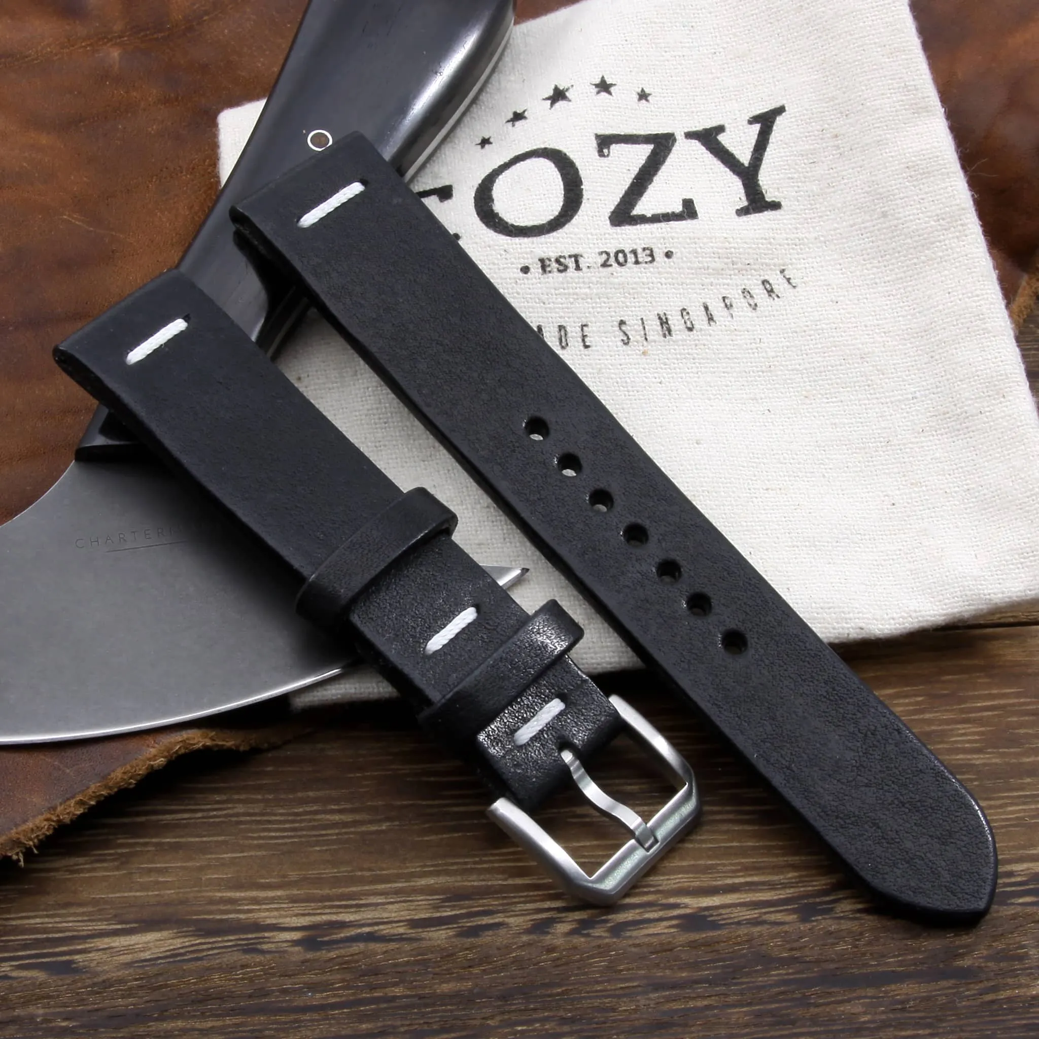 Leather Watch Strap, Vintage NERO (Black) | Center Stitch