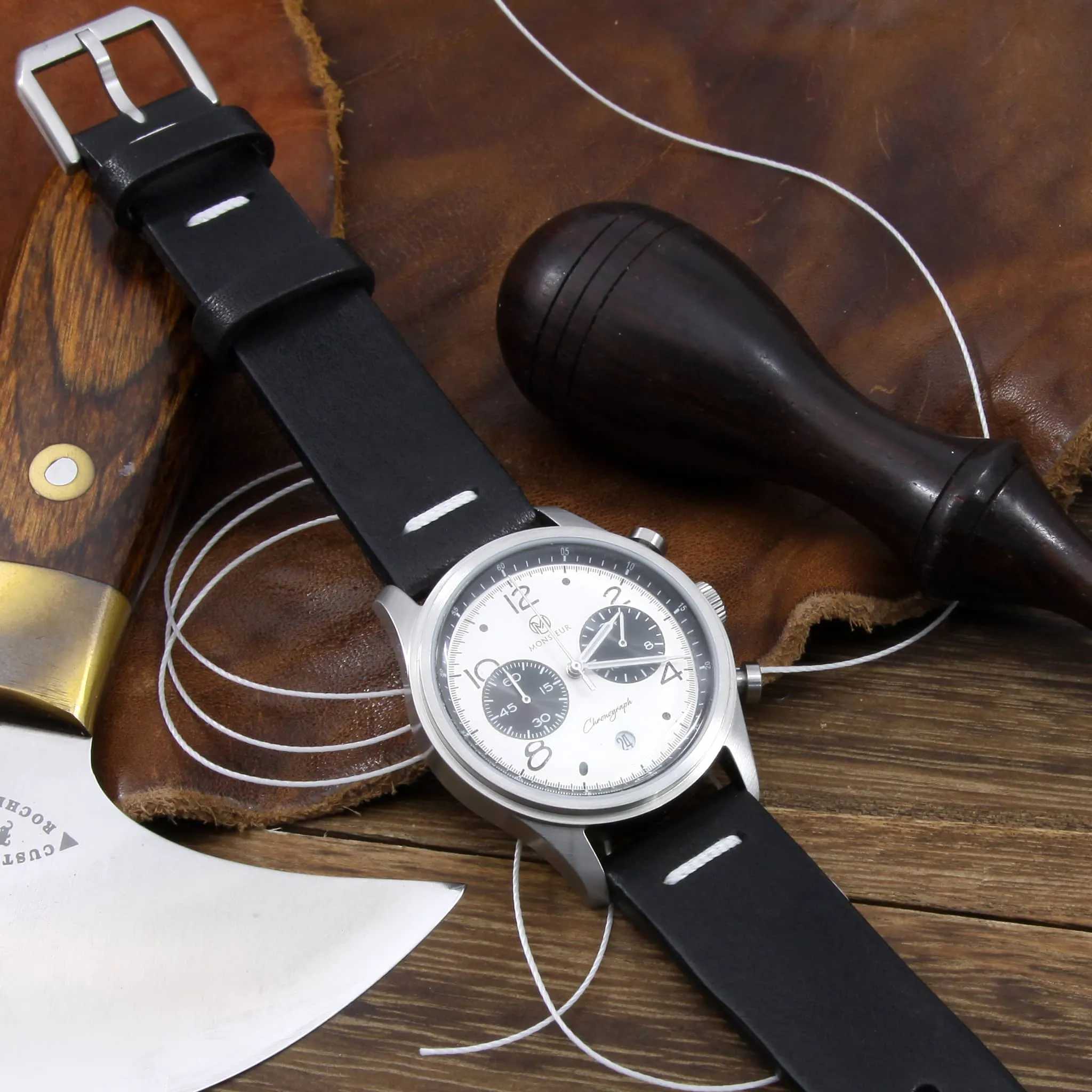 Leather Watch Strap, Vintage NERO (Black) | Center Stitch