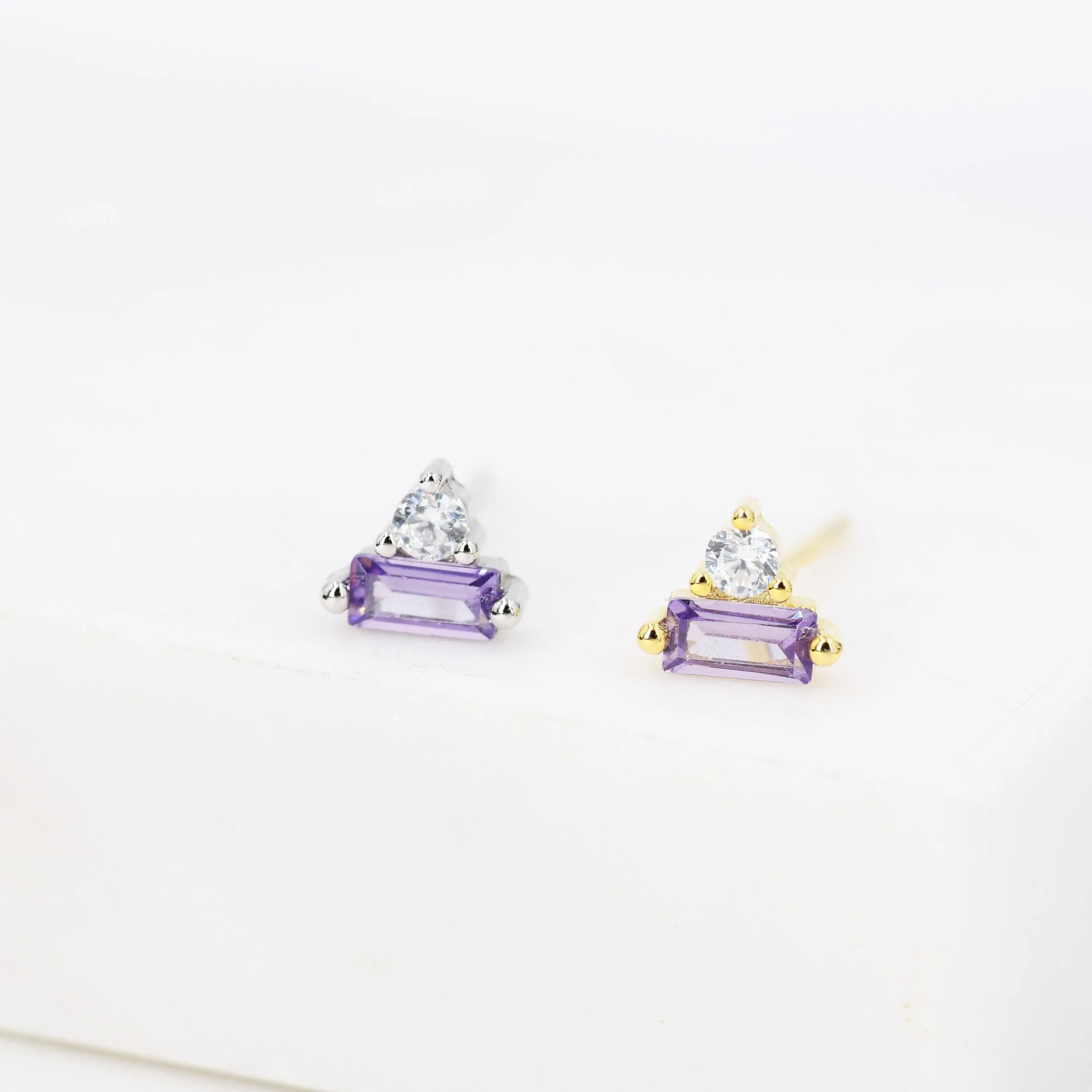 Lilac Purple Baguette and Round CZ Stud Earrings in Sterling Silver, Silver or Gold, Geometric CZ Cluster Earrings, Stacking Earrings